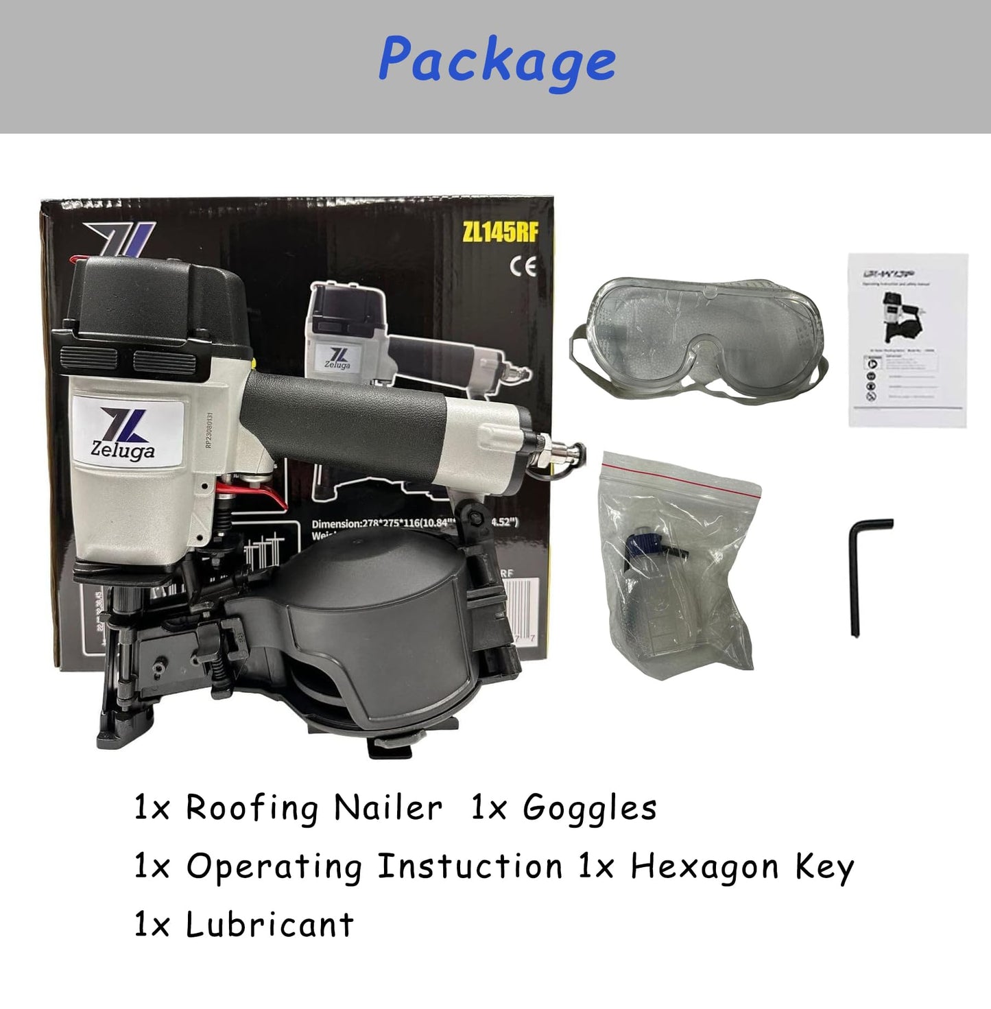 Zeluga 28-145 Pneumatic 15 Degree Coil Roofing Nailer with 120 PCS Load Capacity Coil Nailer Kit with Eye Protection and Repair Kit