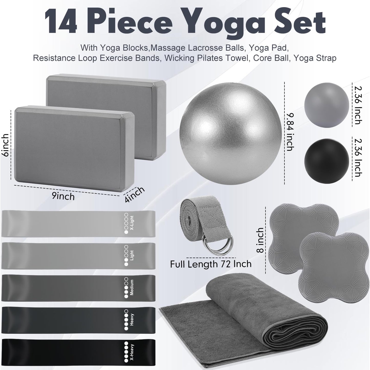 Simgoing 14 Pcs Yoga Kits for Home Workouts Pilates Equipment Set for Women Beginners, Hot Yoga Towel Blocks Strap, Knee Pad, Resistance Loop Exercise Band, Massage Lacrosse Ball, Pilates Ball(Gray)