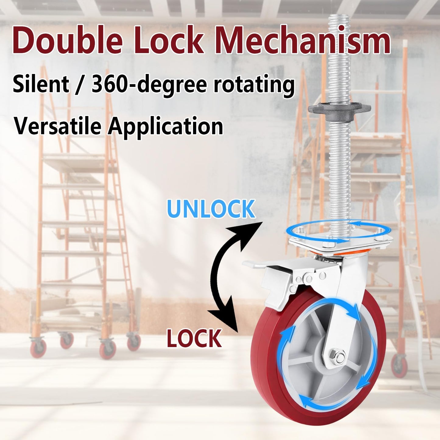 Colingmill 4 Pack 8 Inch Adjustable Leveling Scaffolding Wheels Scaffolding Caster Wheels with Brake 1-1/5" Od Scaffold Screw Swivel Casters Locking Set