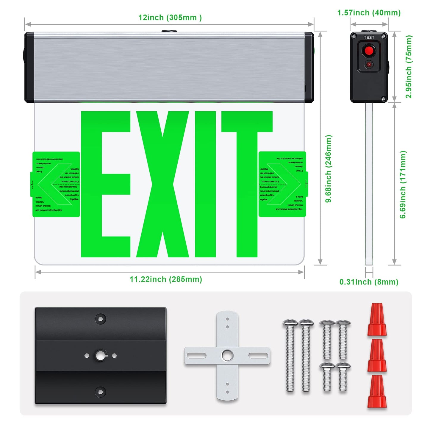 Green LED Edge Lit Exit Sign Brushed Aluminum Housing, UL Listed Emergency Exit Signs Single Sided Clear Acrylic with Battery Backup, AC 120-347V Hardwired Exit Lights, Top/Side/Wall Mount (4 Pack)