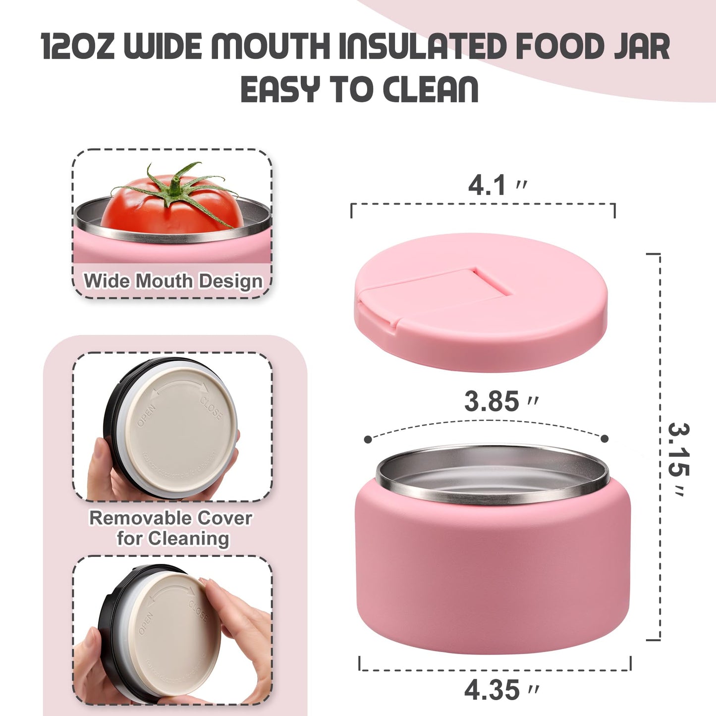 BOSEDSANG 13.5oz Soup Thermo for Hot Food Kids with Buckle Lid Insulated Vacuum Food Jar Wide Mouth Leakproof Stainless Steel Lunch Container- Pink