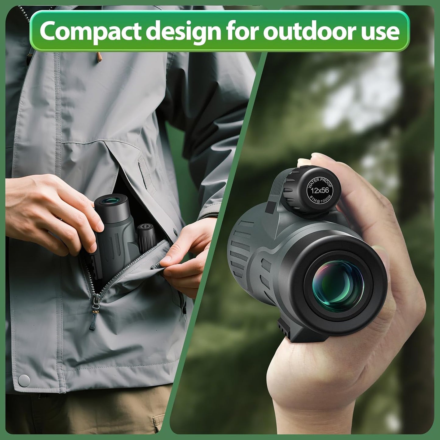 deesoo 12x56 IPX7 Monocular Telescope for Adults High Powered - Waterproof Monocular Scope with Low Light Vision