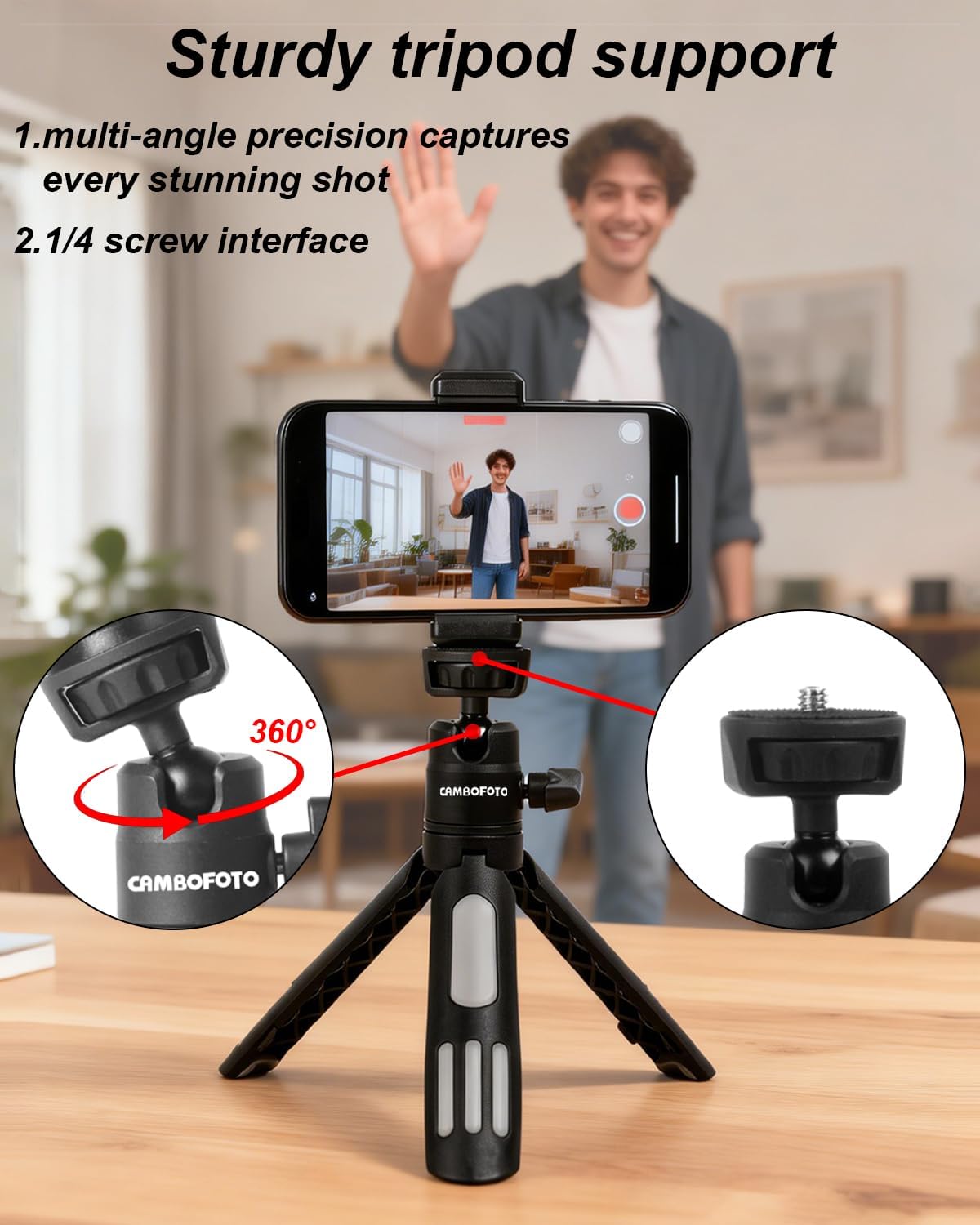 CAMBOFOTO Mini Tripod, Compact Lightweight Stand for Vlogging, Live Streaming, Stable Durable Celephone Tripod, Ideal