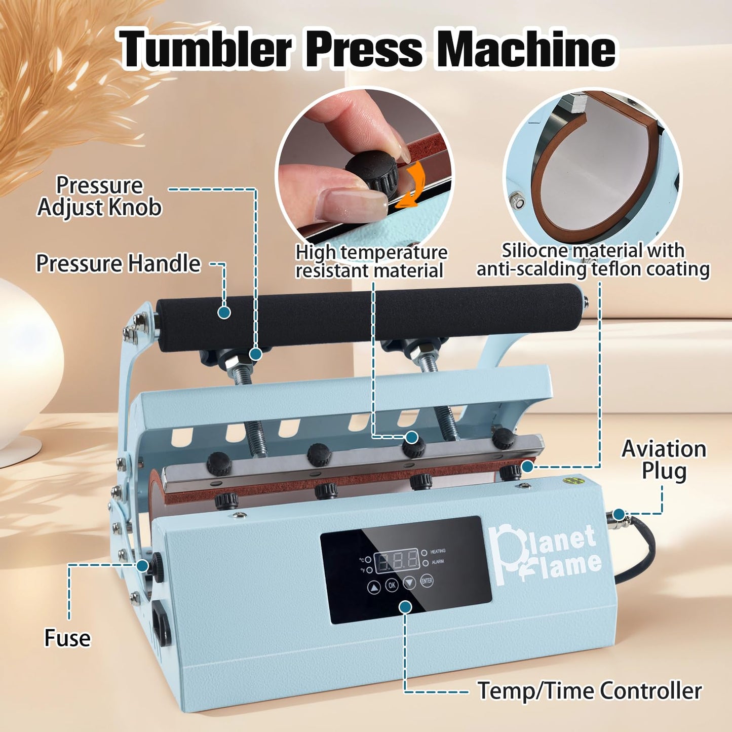 PlanetFlame Tumbler and Hat Heat Press Machine, 2-in-1 Combo Machine for Cup and Cap with Gloves and High Temp Heat Resistant Tape for 11oz-30oz Sublimation Tumbler and All Caps, Blue