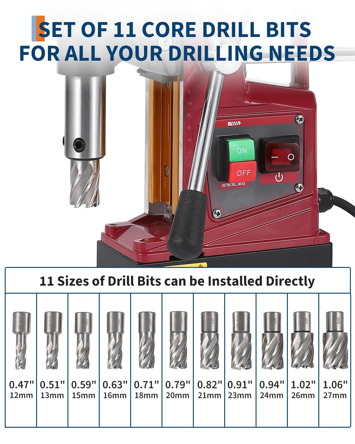 Portable Magnetic Drill Press, 1.57" Boring Diameter, 1450W Motor, 10-Speed, 820RPM, 13000N Magnetic Force, Precision Mag Drill for Steel & Metal, Twist Drill Adapter