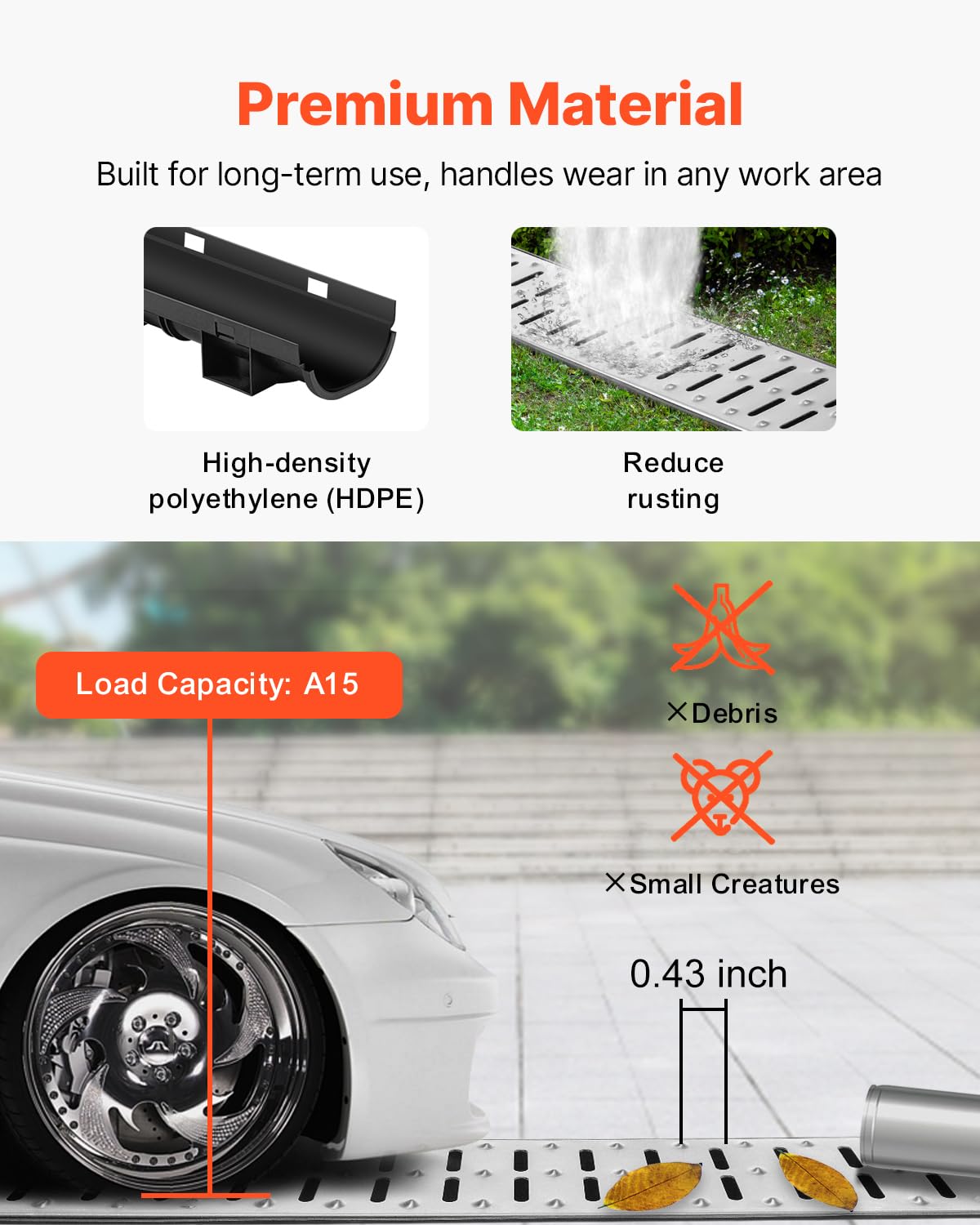 VEVOR Trench Drain System 5 Pack, Channel Drain with Metal Grate 5.7 x 3.1 in HDPE Drainage Trench, Black Plastic Garage Floor Waterway 5 x 39 in with 5 End Caps for Garden Driveway