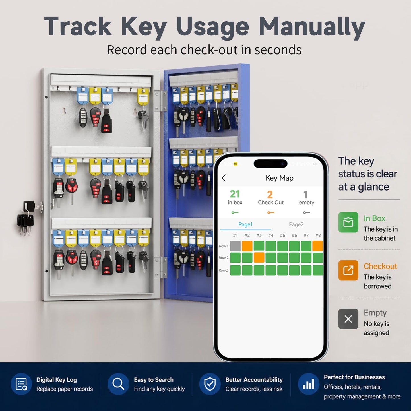 WeHere 48-Key Smart Key Lock Box Wall-Mount, Key Cabinet with Key Management App(Track Key Borrow/Return), Keypad, Bluetooth & WiFi Unlock (Sold Separately) for Commercial, School, Rental, Office