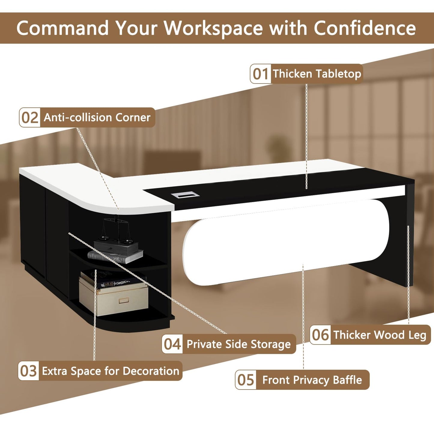 LBCZJYX Executive Desk L Shaped Office Desk with Storage Cabinet, Large Wood Table with Drawers, Cable Grommet & Modesty Panel, Modern Home Office Furniture for Manager Workspace, Multiple Sizes