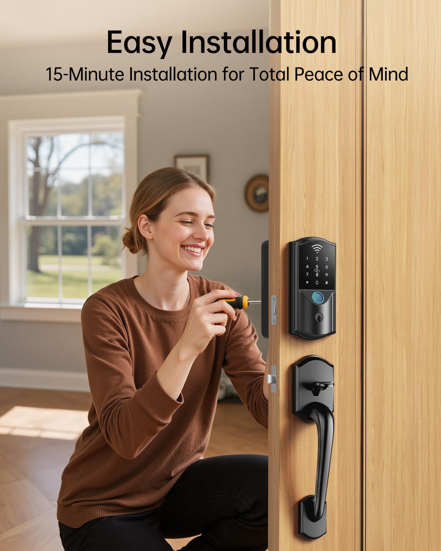 Built-in WiFi Smart Lock with Handle Set - Firstriver Fingerprint Keyless Entry Door Lock for Front Door, App Control, Digital Keypad Deadbolt, Auto Lock, Compatible with Alexa & Google Assistant