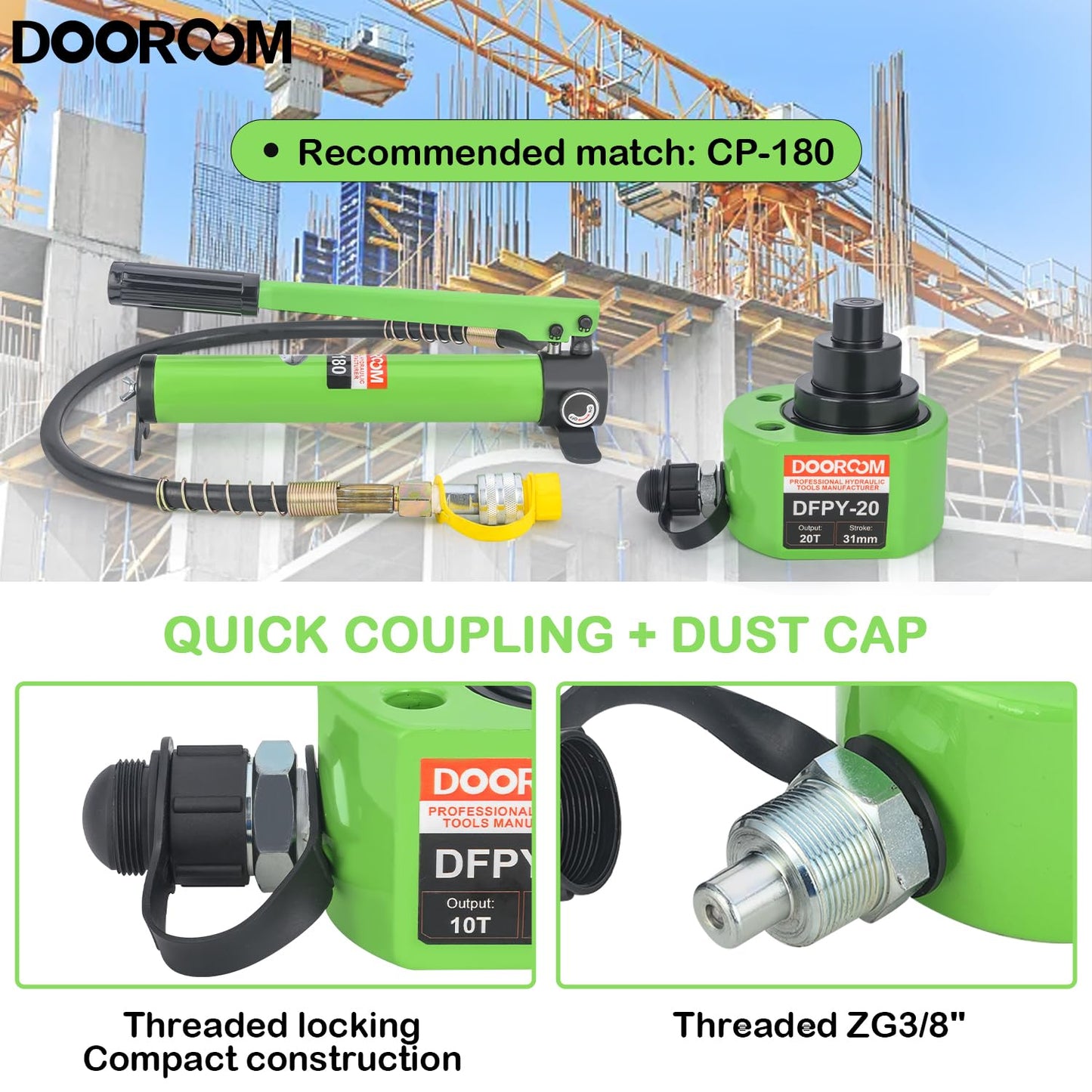 DOOROOM 20T 1.2"/30mm Stroke Portable Hydraulic Cylinder, Low Profile Hydraulic Jack Multi-Section Porta Power Ram Kits, Multi-Acting Lifting Cylinder with CP-180 Manual Hydraulic Pump