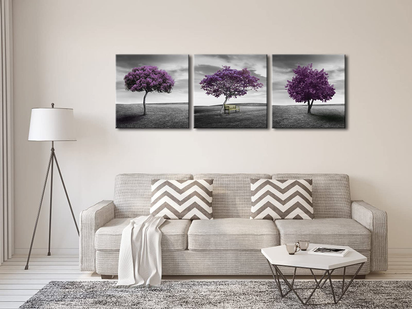 Pyradecor 3 Panels Purple Trees Giclee Canvas Prints Wall art Paintings for Living Room Bedroom Home Decorations Large Modern Gallery Wrapped Landscape Fall Forest Pictures Artwork Ready to Hang L