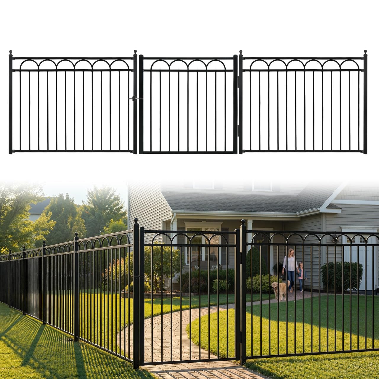 Fencer Wire 104FT Heavy Duty Arc Fence Barrier Kit, Anti-Rust Metal Steel Fence with 4FT Height X 5FT Width Panels, Gate, Posts, Connectors, Outdoor Fencing for Yard, Pool, Patio