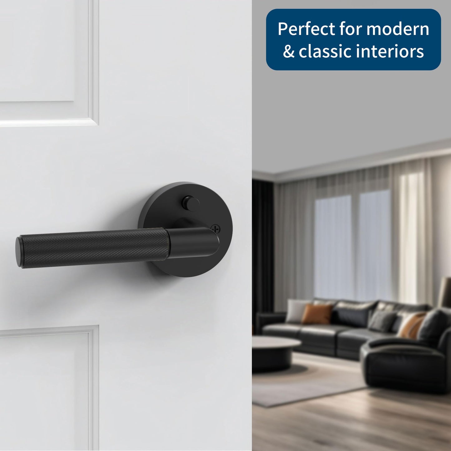 Zylaria 6 Pack Privacy Matte Black Door Lever Handle, Keyless Bedroom Bathroom Lock, Anti-Slip Knurled Grip, Fits Left/Right Hand Doors