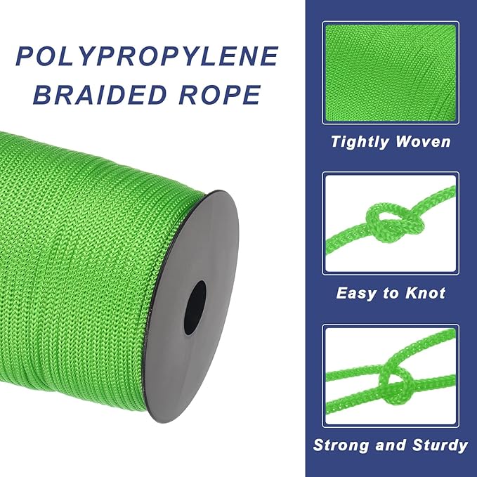 MECCANIXITY 5/32 Inch Polypropylene Rope Braided Ropes, 328ft Camping Rope Hollow Utility Cord for Clothesline, Hiking, Outdoor, Light Green