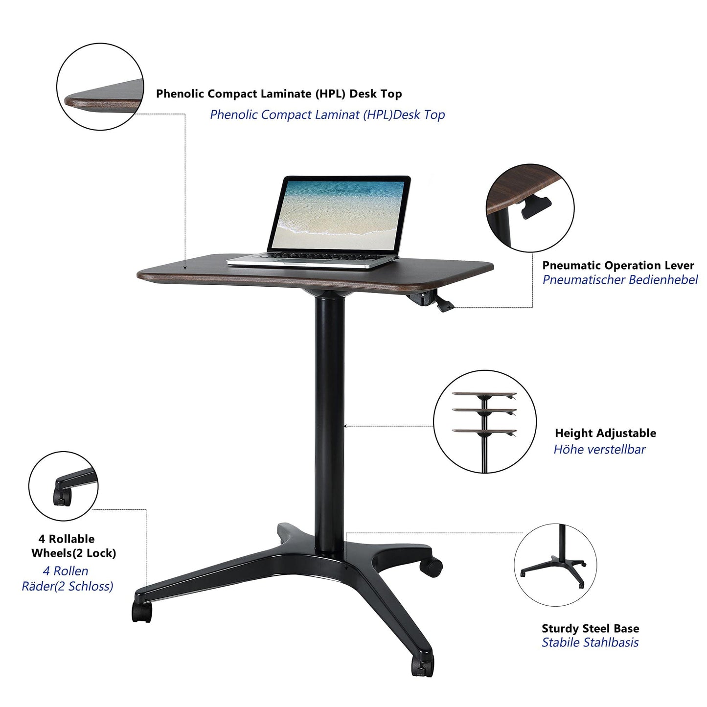 CARTMAY Mobile Standing Desk,Pneumatic Height Adjustable Laptop Desk, Mobile Laptop Desk with Wheels, Height Adjustable from 29.5'' to 47'',Black