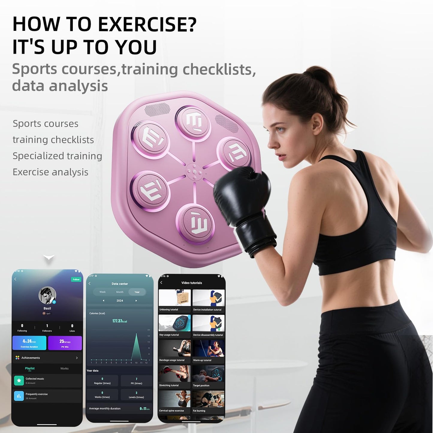 Maitu Smart Music Boxing Machine, Punching Machine with Synced LED Lights, Stereo Sound and APP Control, Wall Mounted Punching for Women, Home Gym Boxing Workout Equipment (M5-Pink)