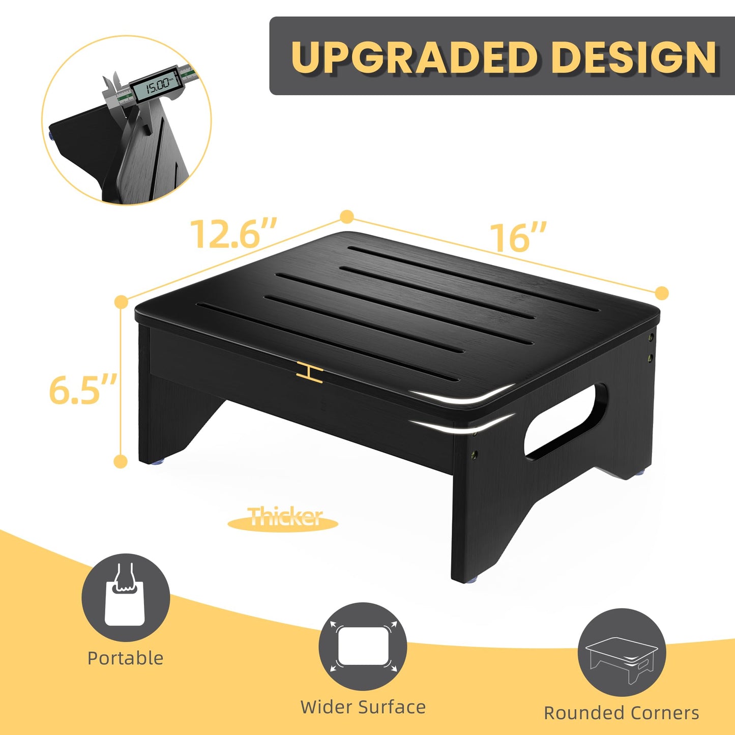 Wooden Step Stool for Adults & Kids, Non-Slip Rubber Feet, 6.5 Inch High, Lightweight Small Step, 400 Lbs Capacity, Bed Step Stool for High Bed, Bathroom & Kitchen (Black)