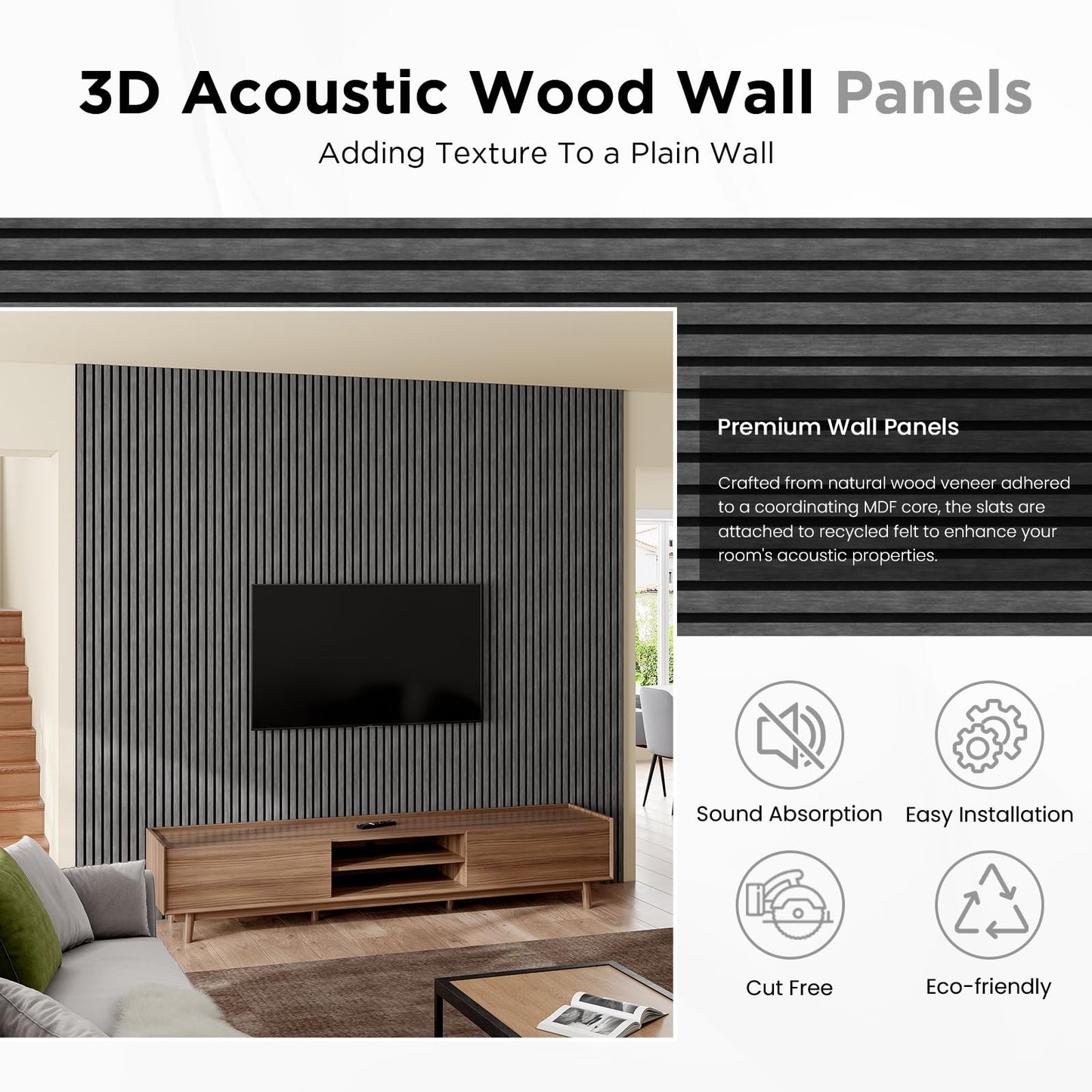 SMARTSTANDARD Wood Slat Acoustic Wall Panels 4 Pack 94"x12.6" Dark Gray, Noise Reducing and Sound Absorbing, Decorative Slat Panels for Home Studio Office Living Room