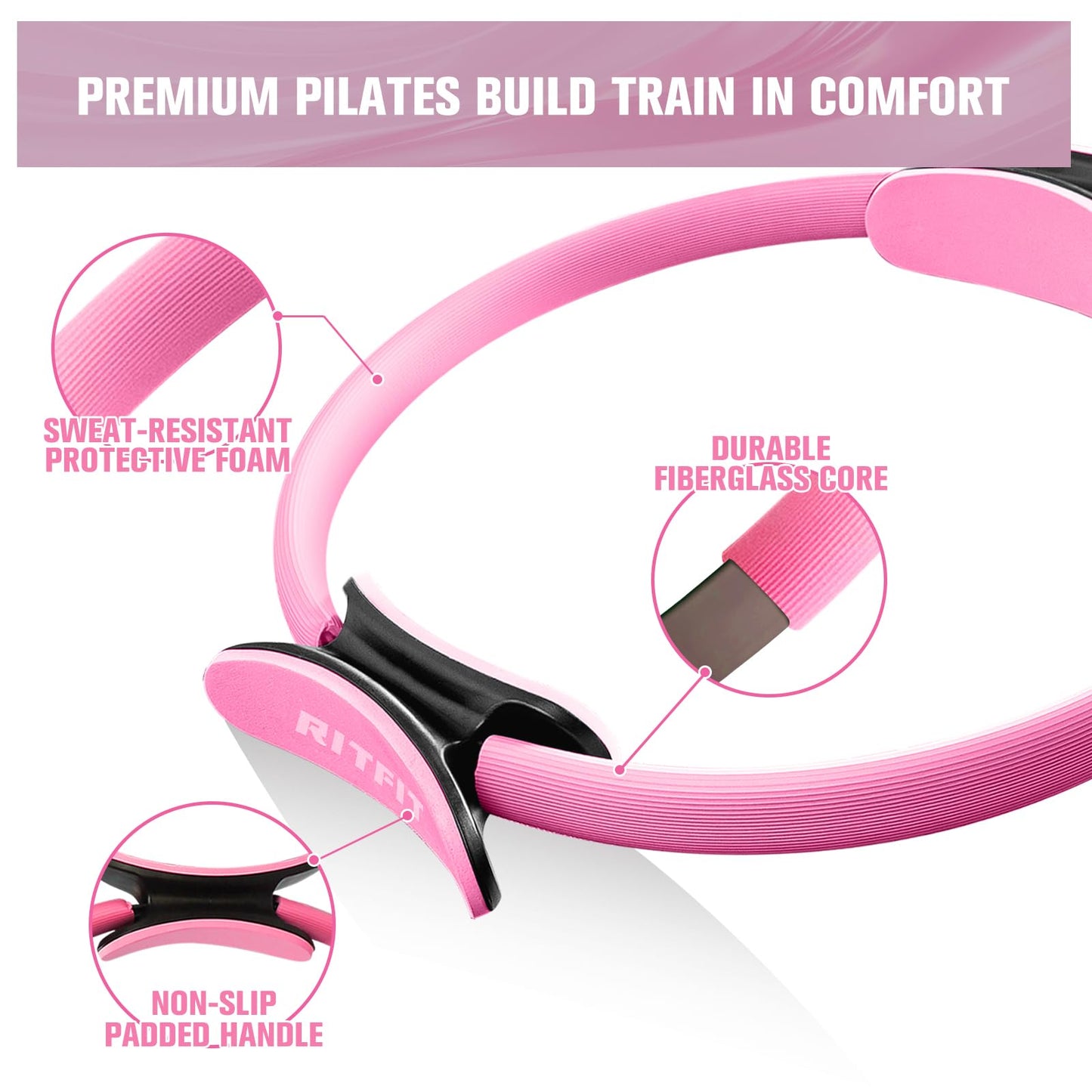 RitFit Pilates Kit - 14 Inch Pilates Ring Magic Circle with Pilates Ball, Resistance Bands & Yoga Strap, Pilates Equipment for Home Workout Toning Thighs, Arms and Core (Pink)