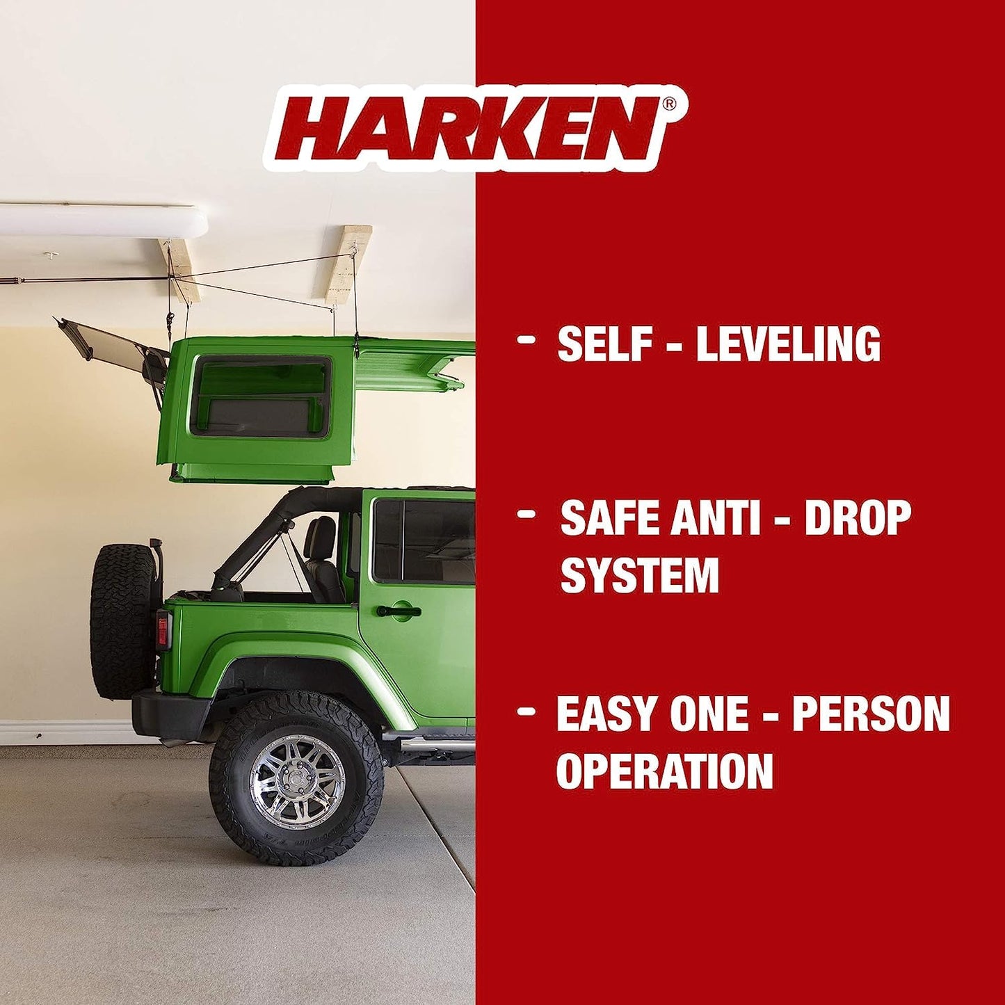 HARKEN - Jeep Hardtop Overhead Garage Storage Hoist for Jeep Wrangler, Gladiator, Ford Bronco, Self-Leveling, Safe Anti-Drop System, Easy One-Person Operation, 45-145lb Capacity - 7803.16JEEP6T