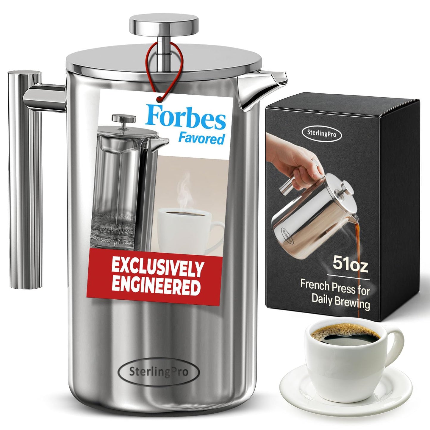 SterlingPro 1.5 L 51 oz Mirror Large French Press Coffee Maker and 2 Pack Replacement Screens Bundle Stainless Steel Double Wall Insulated for Tea and Coffee