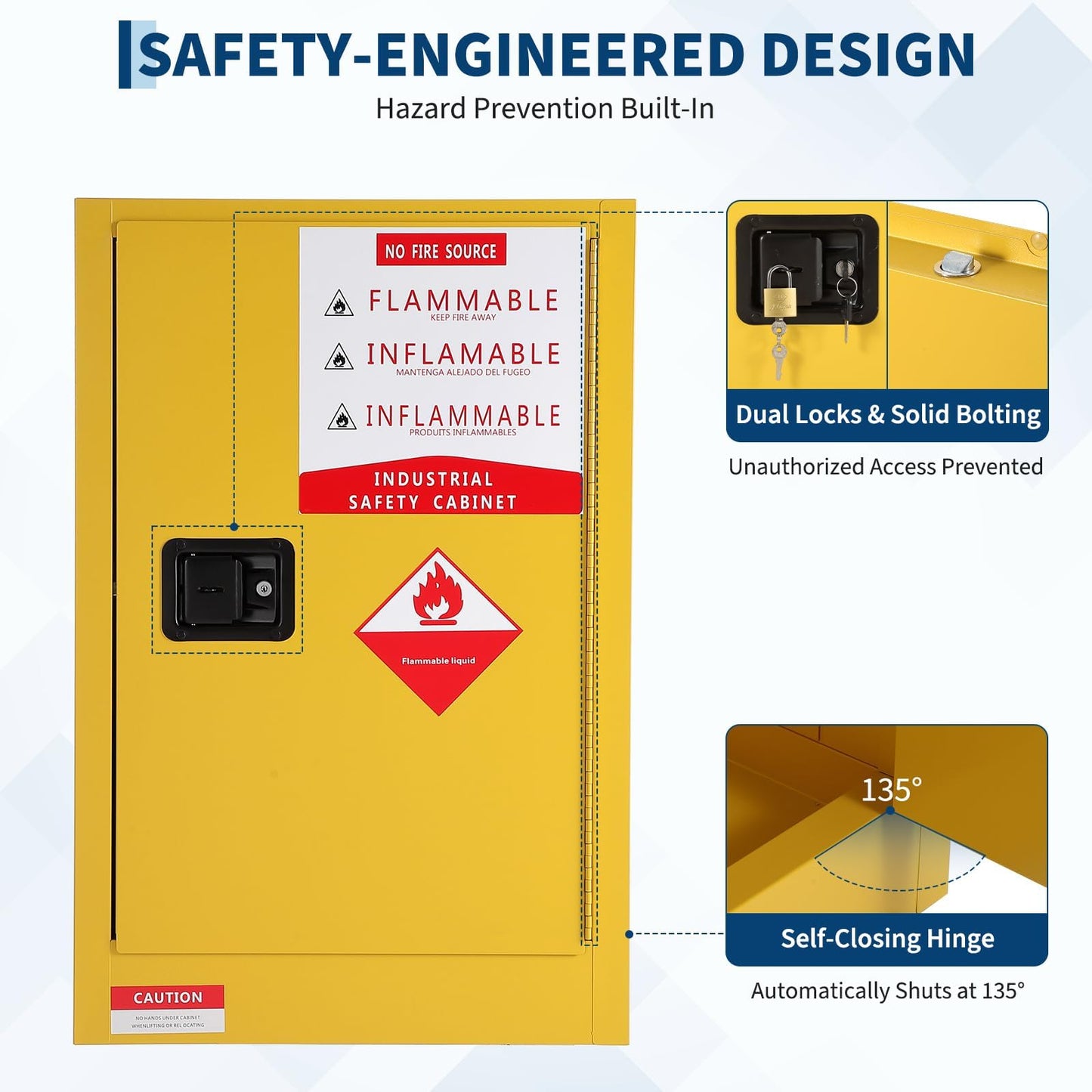Patikuin Fire-Resistant Flammable Storage Cabinet - Cold-Rolled Steel, Auto-Closing Door, Adjustable Shelves, Industrial Chemical & Hazardous Liquid Safety - 40 Gallon, 18x23x65in