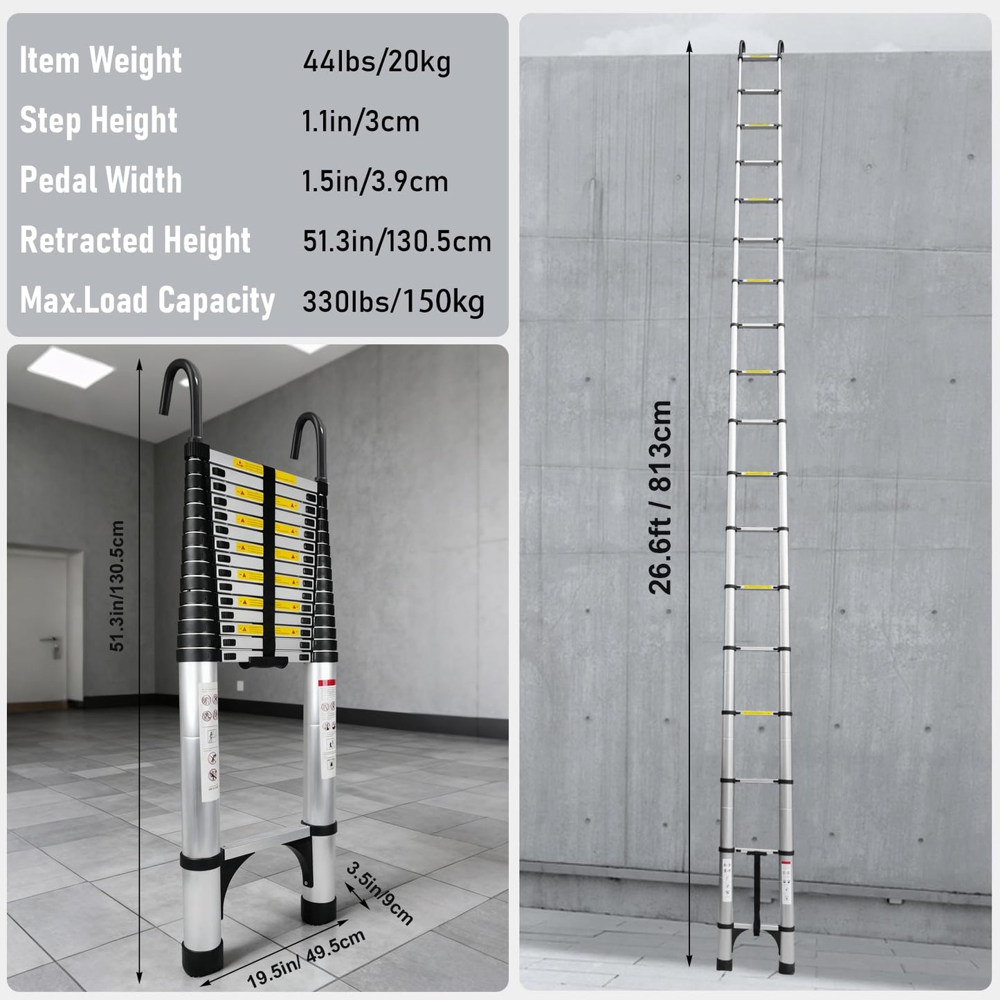 Telescoping Ladder 26.2FT Aluminum Lightweight Extension Ladder with Hooks 330 Lbs Heavy Duty Non-Slip Feet Folding Ladder Multi-Purpose Collapsible for Home RV Attic Outdoor Use (26.2 FT with Hooks)