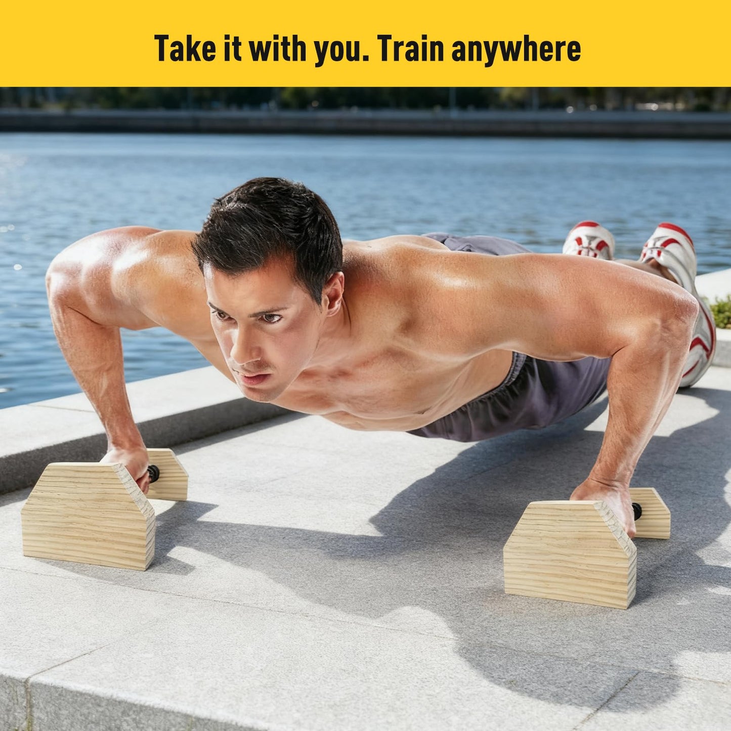 KISENG Push-up Stand, 9.84 in Wooden Parallettes Bars for Handstand Training, Solid Push Up Bars & Calisthenics Bar, with Non-Slip strap, Exercise Home Workout Equipment for Men Strength Training