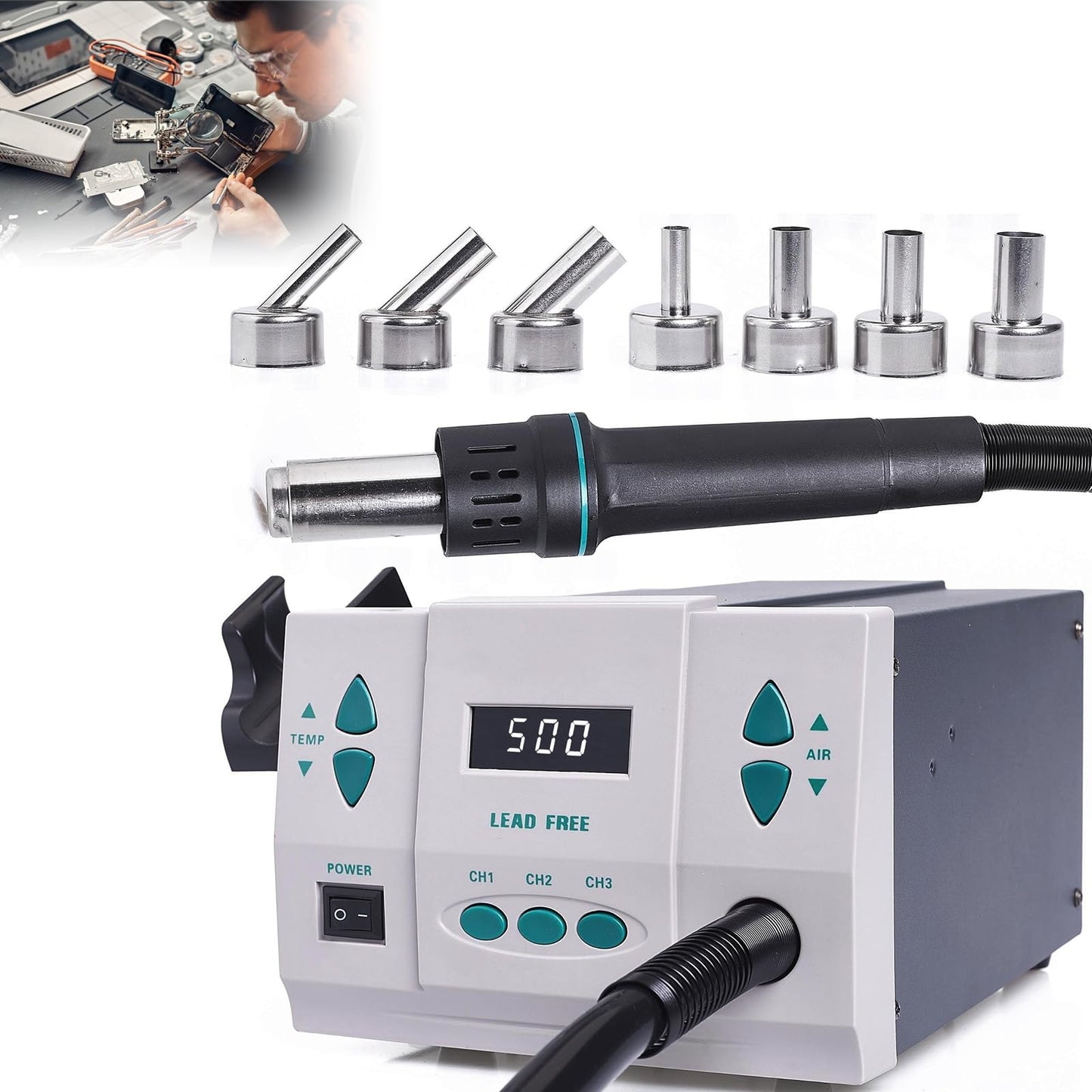 KINGTAIXIN 861DW Hot Air Rework Station, 110v 1000W Digital Display Automatic Sleep Hot Air Gun Soldering Station, With 7 Air Nozzles, Adjustable Temperature Desoldering Gun BGA Rework Station