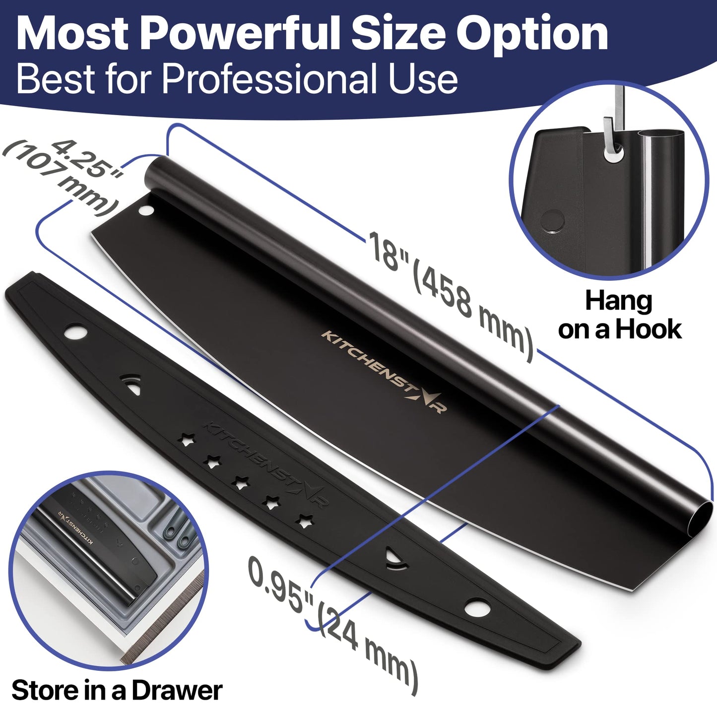 KitchenStar Pizza Cutter Rocker Blade 18" Black + Wooden Pizza Peel 16" + Pizza Stone for Oven and Grill 16" with Handles - Pizza Making Bundle