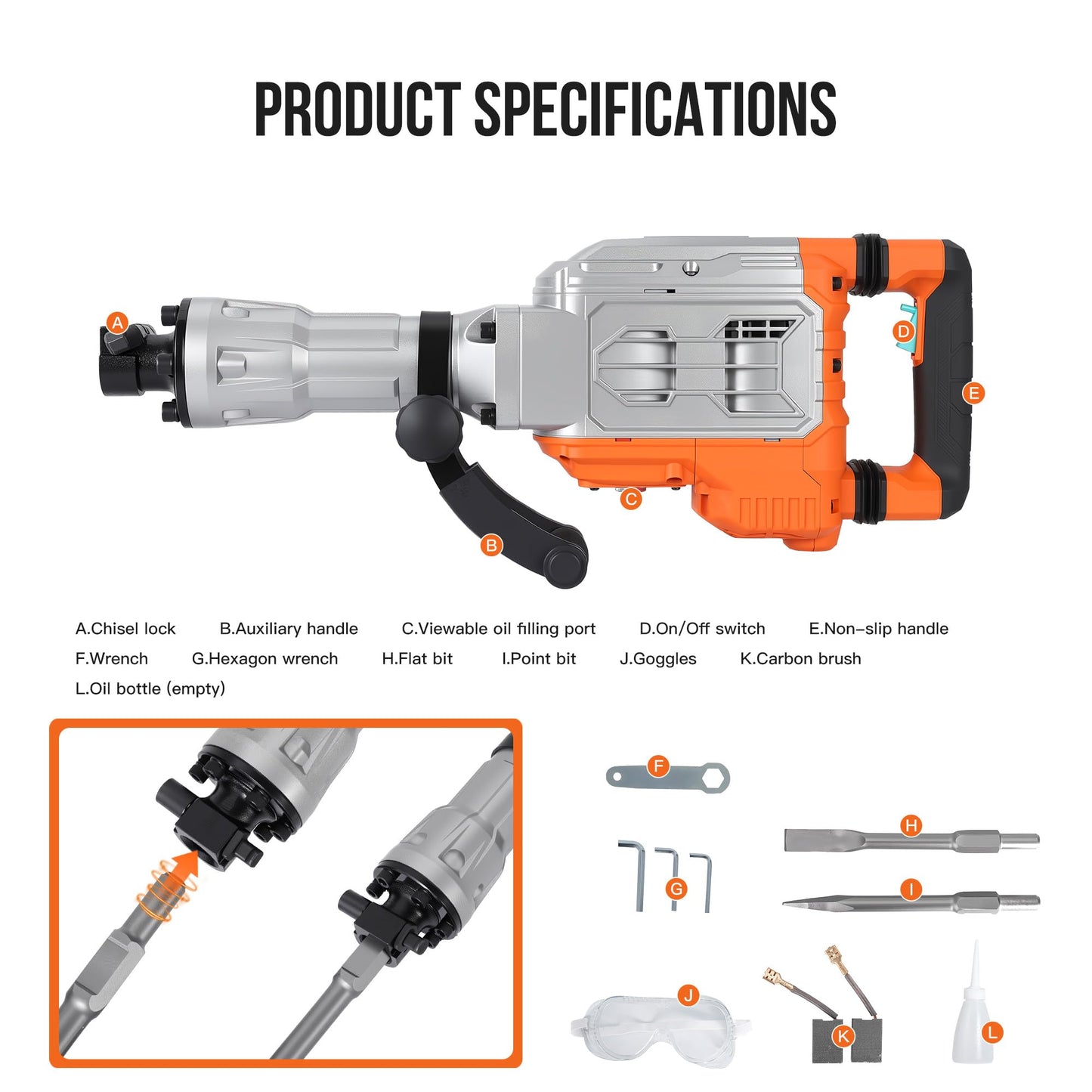 1700W Electric Demolition Jack Hammer, 1900BPM Heavy Duty Concrete Breaker Tool, 60J Impact Energy Demolition Hammer with Anti-Vibration Handle, 360° Rotating Grip, Carrying Case & 2 Chisels