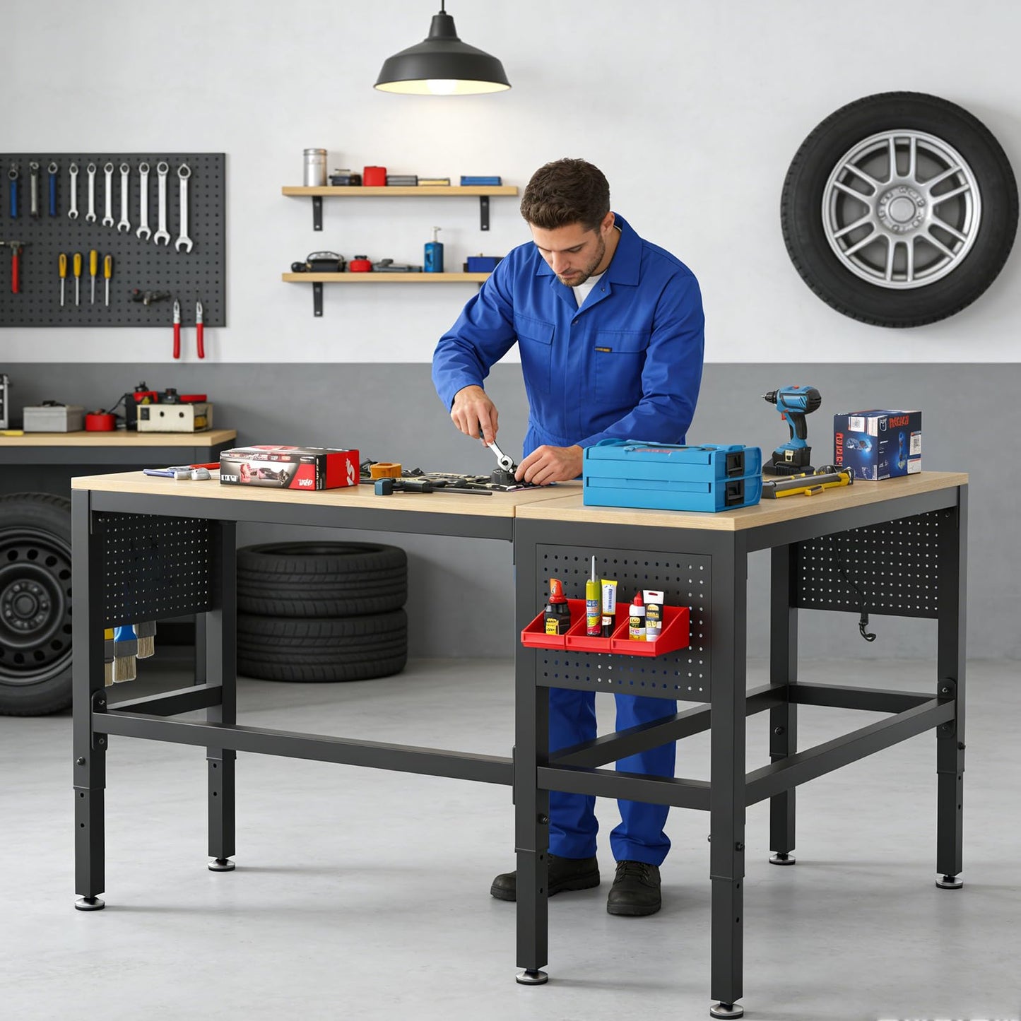 64" Heavy Duty L-Shaped Workbench with Power Outlets & Pegboard - 2000 LBS Capacity Adjustable Height Work Table for Garage, Workshop, Crafting - Matte Black & Hardwood (64"x48")