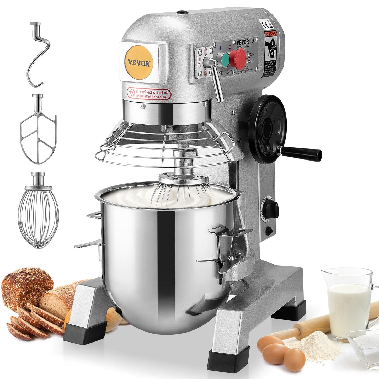 VEVOR Commercial Food Mixer, 15Qt Capacity with Timer, 500W Stainless Bowl Durable Electric Mixer for Commercial Use, 3 Speed Options 113/184/341 RPM, Includes Dough Hook & Whisk