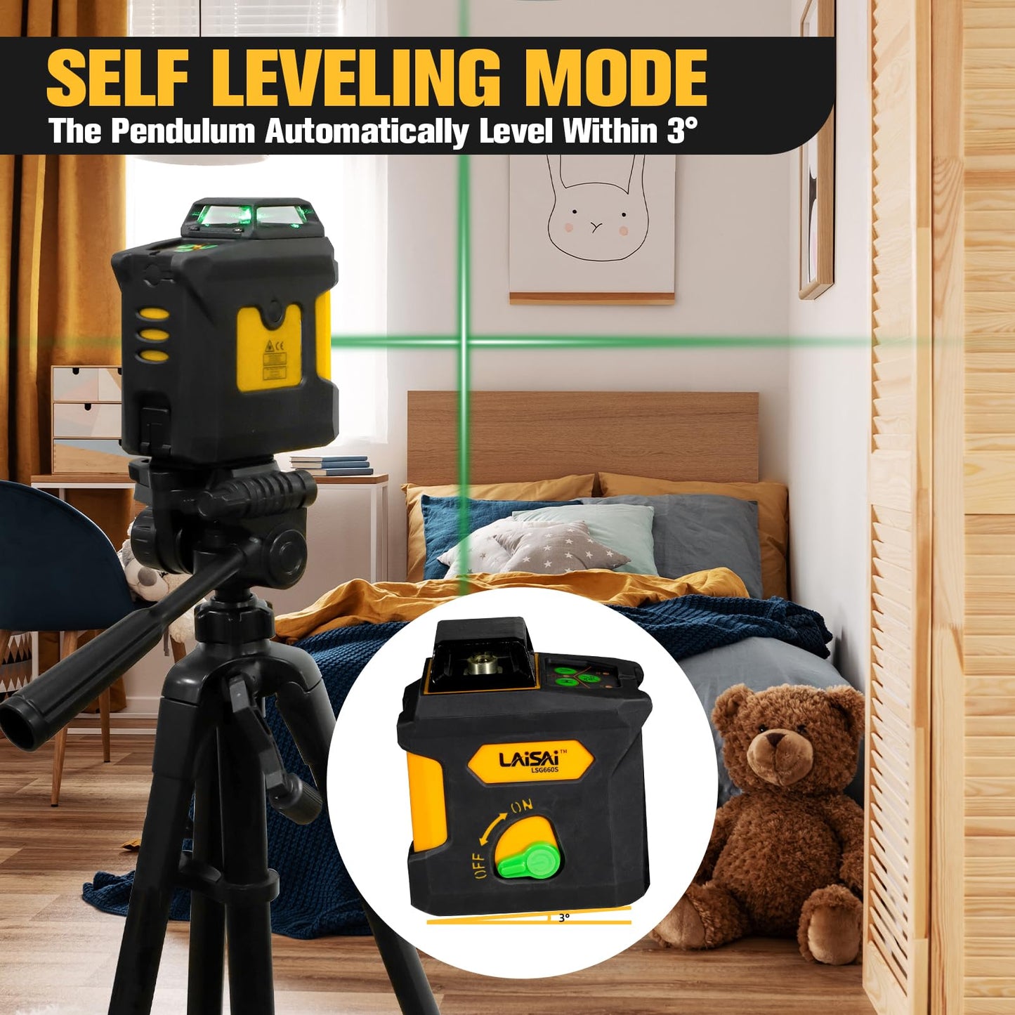 LAISAI 360 ° laser level, 150FT self leveling crosshair laser - used for homes and buildings, orange self leveling crosshair laser, L-shaped bracket, 4 AA batteries included