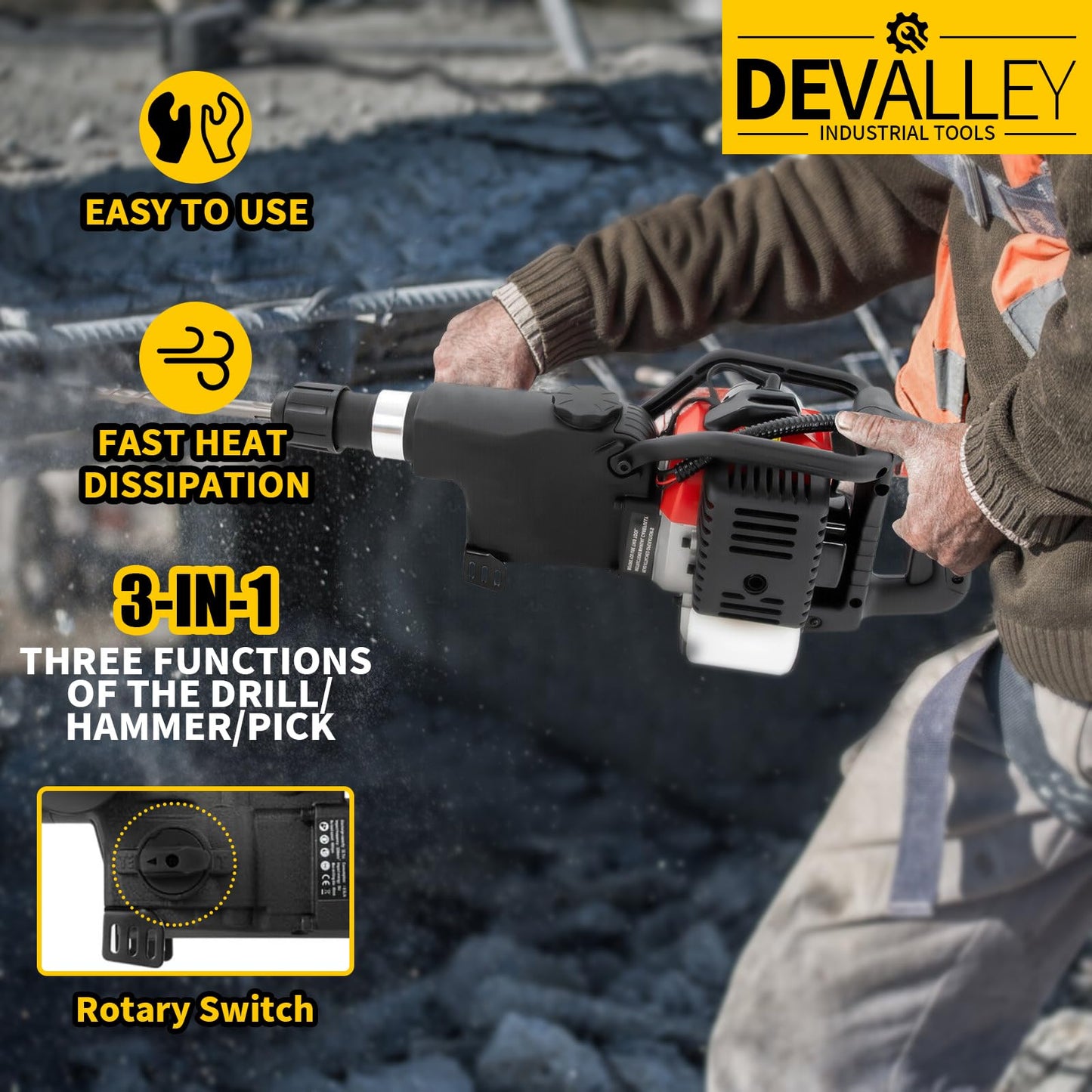 DEVALLEY Demolition Jack Hammer 33CC 2-Stroke Gas Powered Jack Hammer with Air Cooling System Hand Pull Start Gasoline Concrete Breaker Hammer for Hammering, Slotting,Drilling,Crushing