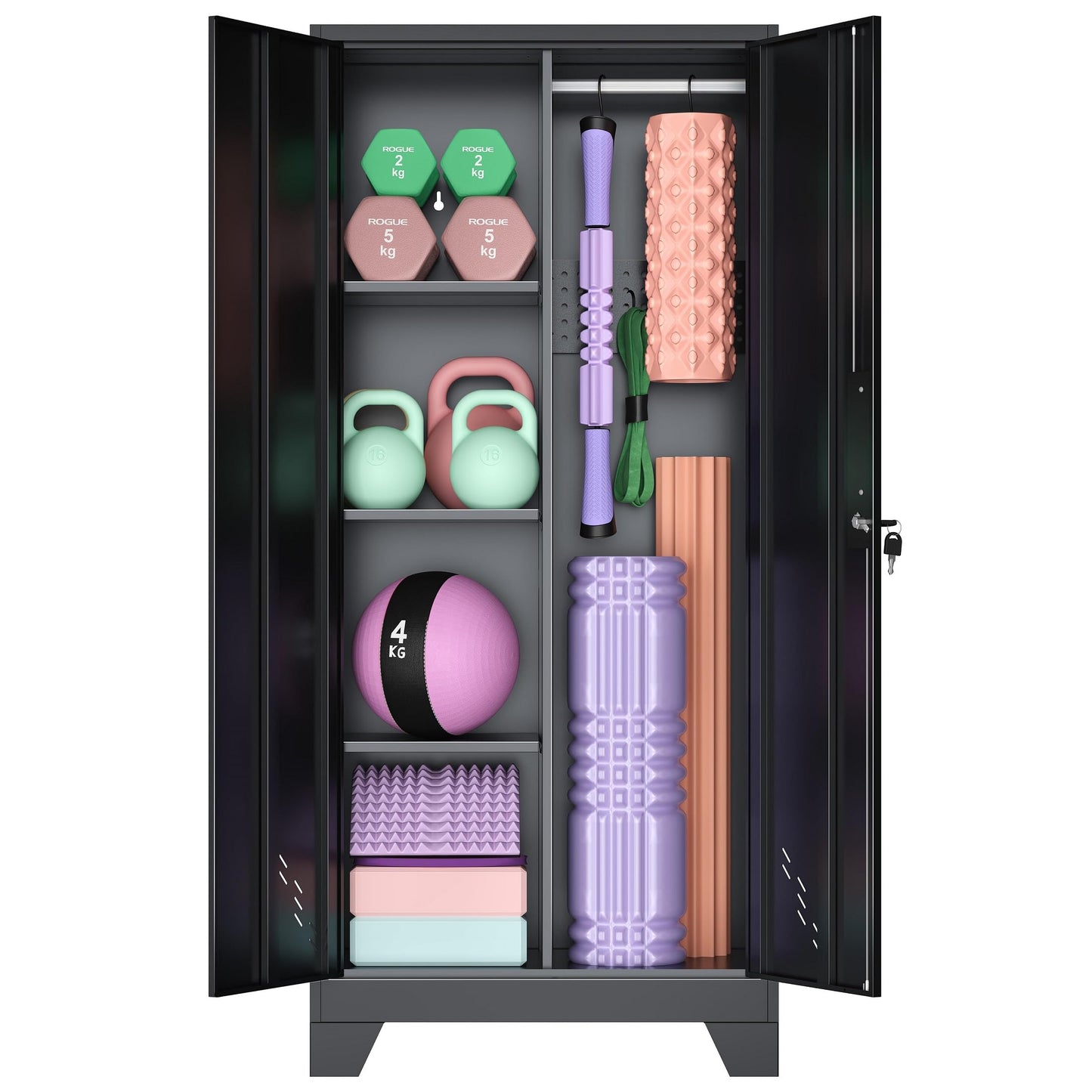 VASAAOSD 61IN Home Gym Storage Cabinet for Kettlebells, Yoga Mat and Balls, Workout Equipment Storage Organizer with Lock Doors, Dumbbell Rack Cabinet, Weight Rack for Dumbbells
