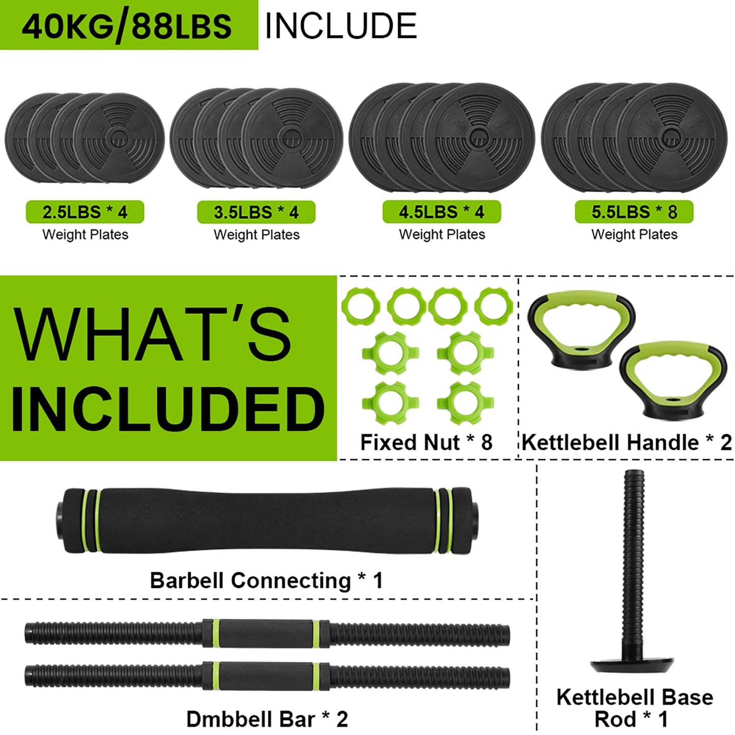 88Lb Adjustable Dumbbell Weight Set, Free Weights Dumbbells Set for Home Gym,Round