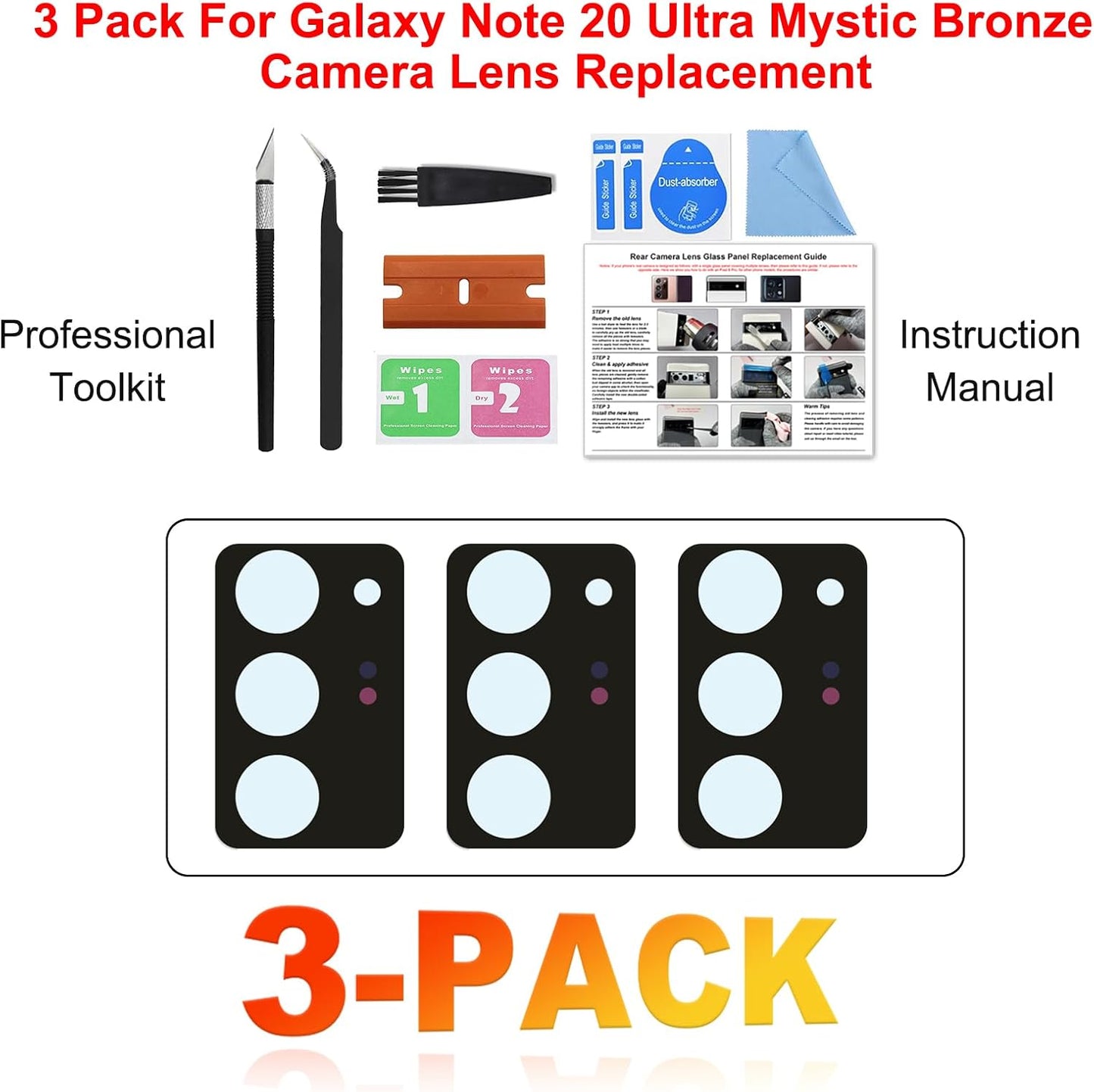 BATLABB 3PCS 20 for Galaxy Note Ultra Rear Camera Lens Glass Replacement Kit, with Tools & Instruction, Bronze