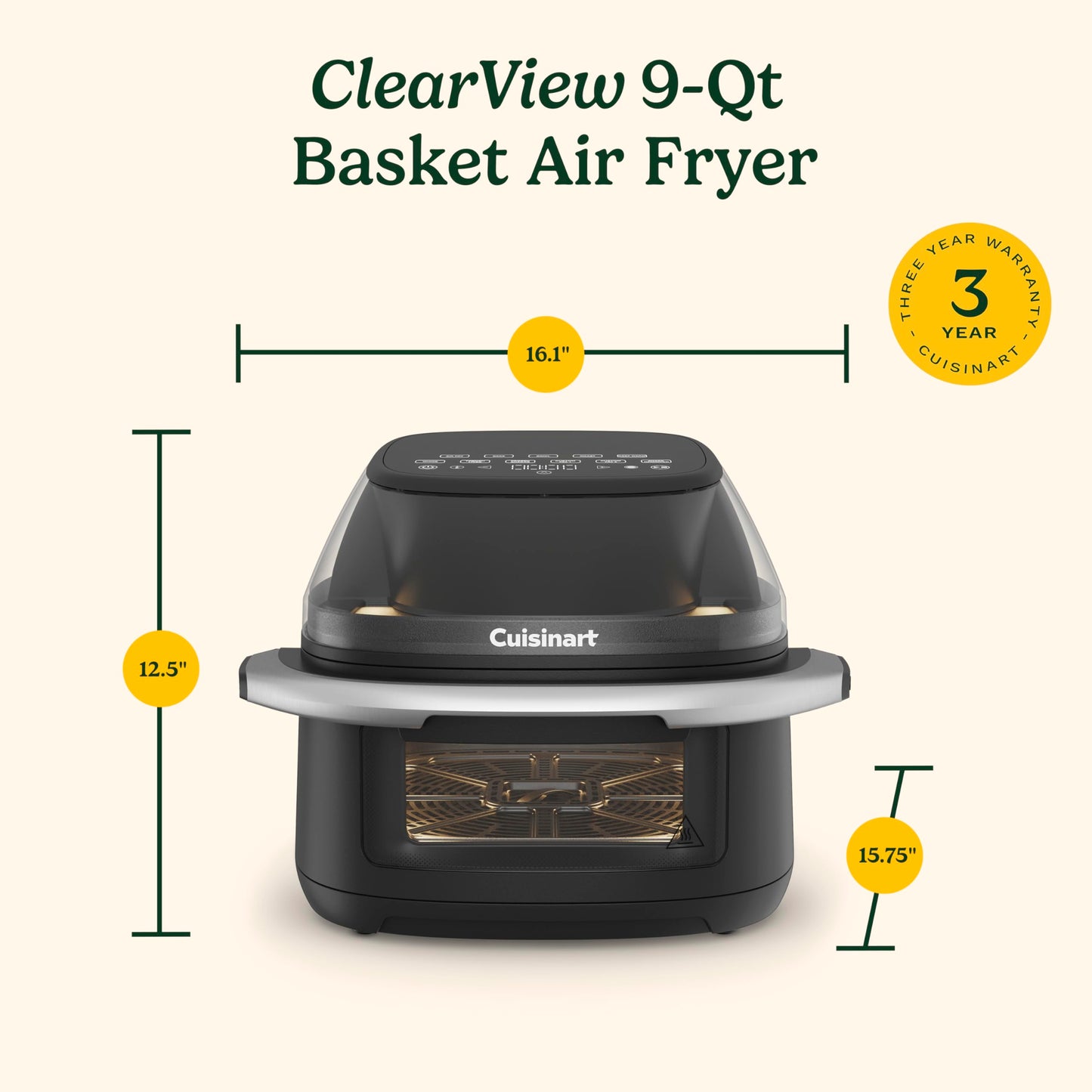 Cuisinart ClearView Large 9-Quart Basket Air Fryer with ClearView Window, Digital Control Panel, 5 Functions, 3 Air Fry Presets, 2 Custom Presets, Easy Clean, PFAS-Free, 3 -Year Warranty, AFC-9