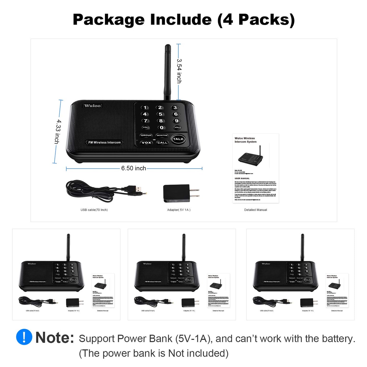 Wireless Intercom System for Home 5280 Feet Range 10 Channel 3 Code, Intercoms Wireless for Home House Business Office, Home Communication System, Room to Room Intercom Wuloo WL666（4 Units Set Black