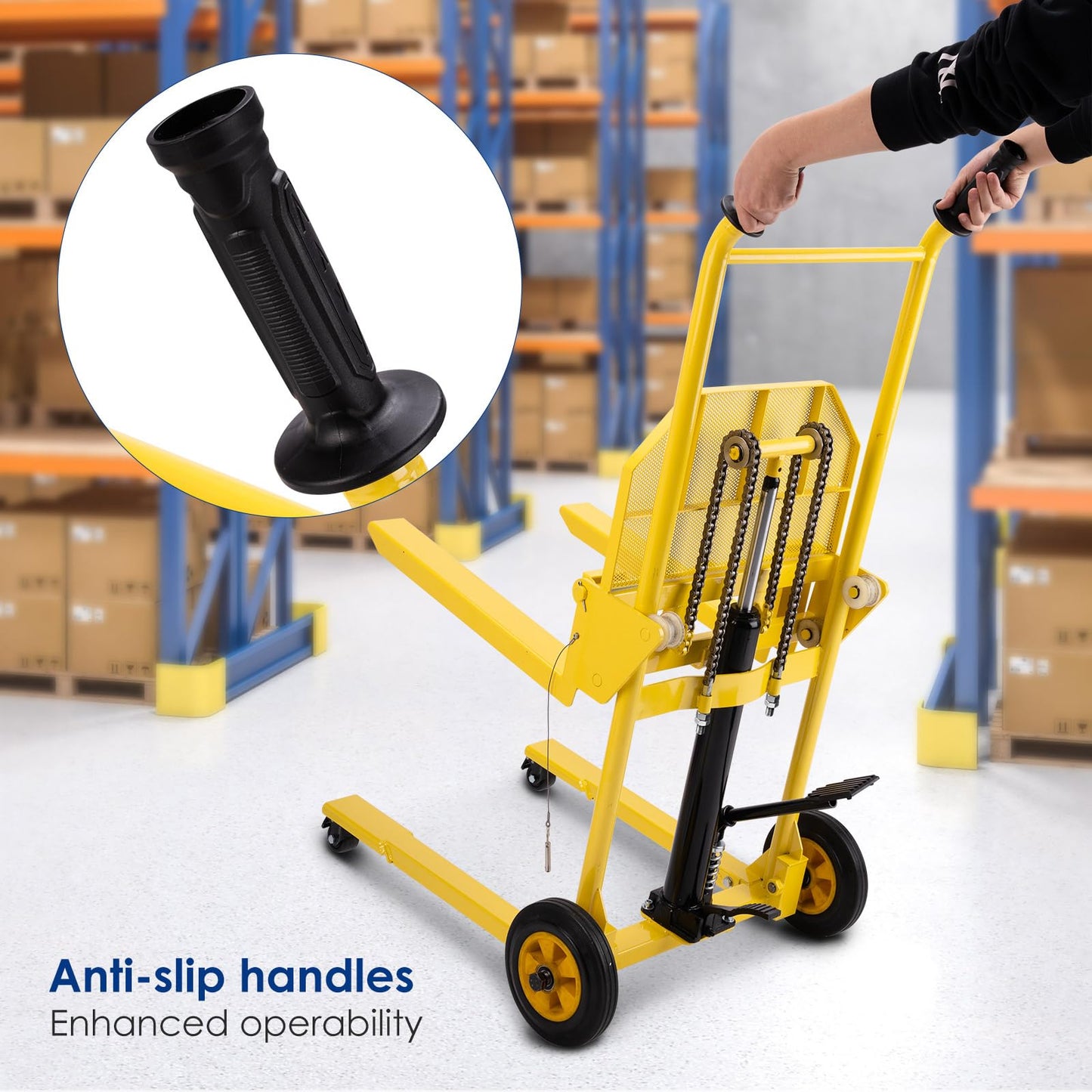 Hydraulic Material Lift,550lbs Lift Dolly,Upgraded Baffle Pallet Lift,37.4” Max Lift with Front Universal Wheels and 9" Polyurethane Wheels, 18.5" Fork Length, Hand Forklift, Steel Platform x 1