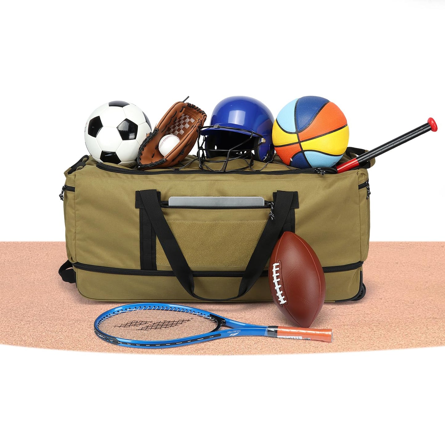 170L Extra Large Baseball Bag with Wheels Gym Duffle Softball Catchers Coach Team Equipment Bags Collapsible Rolling Travel Duffel Bat Gear Bag for Hockey Basketball Football Volleyball Soccer, Brown