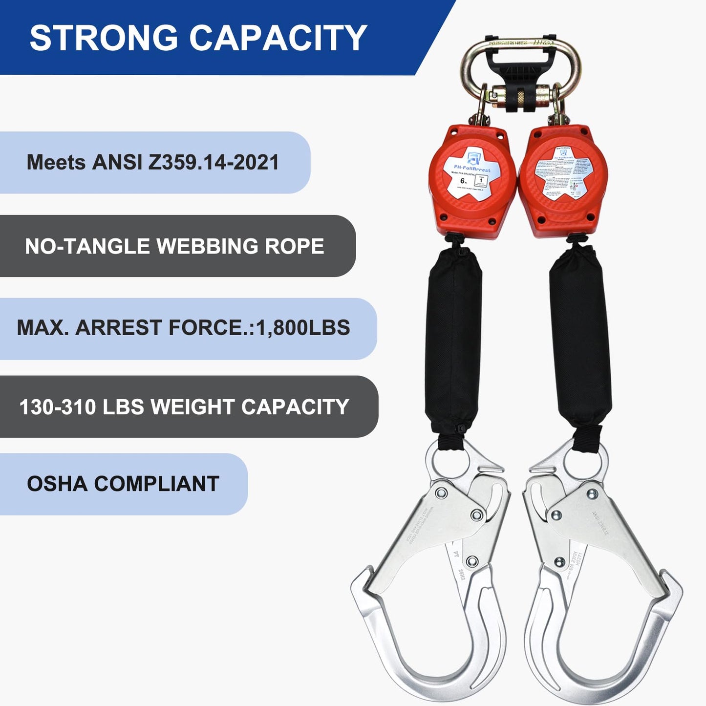 FHFallArrest Self-Retracting Lifeline,Fall Protection 6 Foot Double Web Leg Retractable Lanyard,Steel Snap Hook & Steel Carabiner,ANSI & OSHA Compliant SRL (Dual Rebar Hooks & Carabiner)