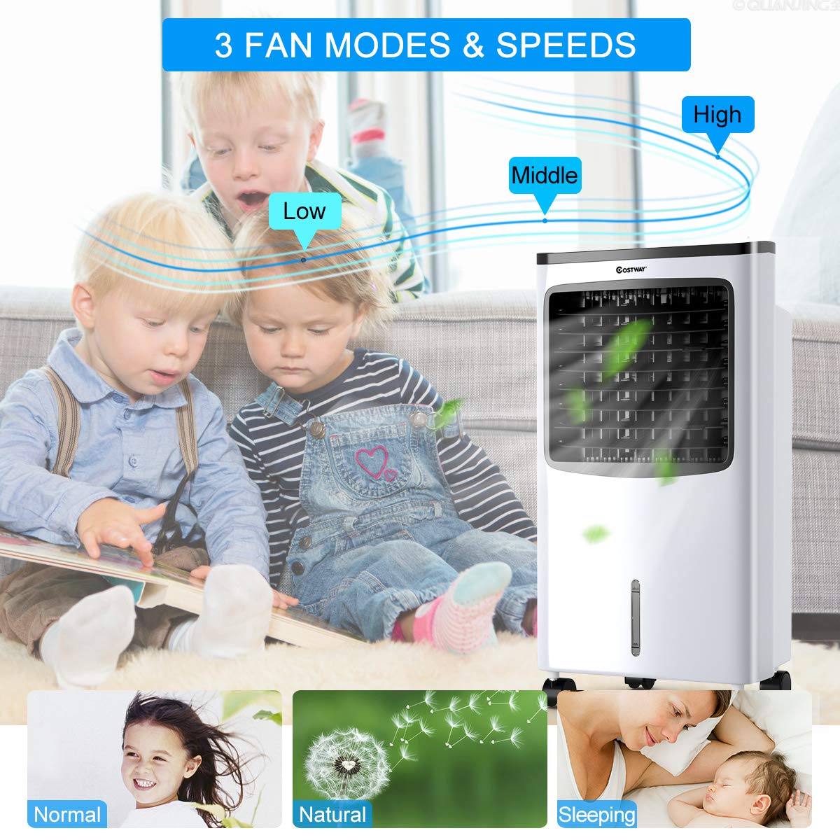 COSTWAY Evaporative Cooler, Portable Cooling Fan with Remote Control, 3-Mode, 3-Speed and 7.5H Timer Function, Include Ice Crystal Boxes, Water Tank and Casters, Bladeless Air Cooler