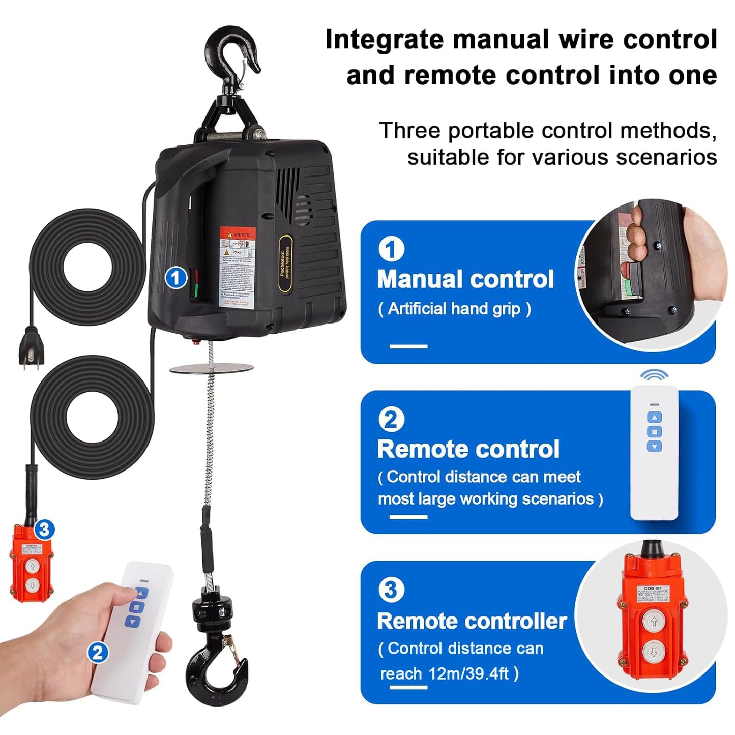 3-in-1 Portable Winch, 660lbs Electric Hoist Winch Portable Electric Power Winch, 39ft Height Crane Winch Hook Pulley Lifting Strap with Wired & Remote Control fo Lifting Towing