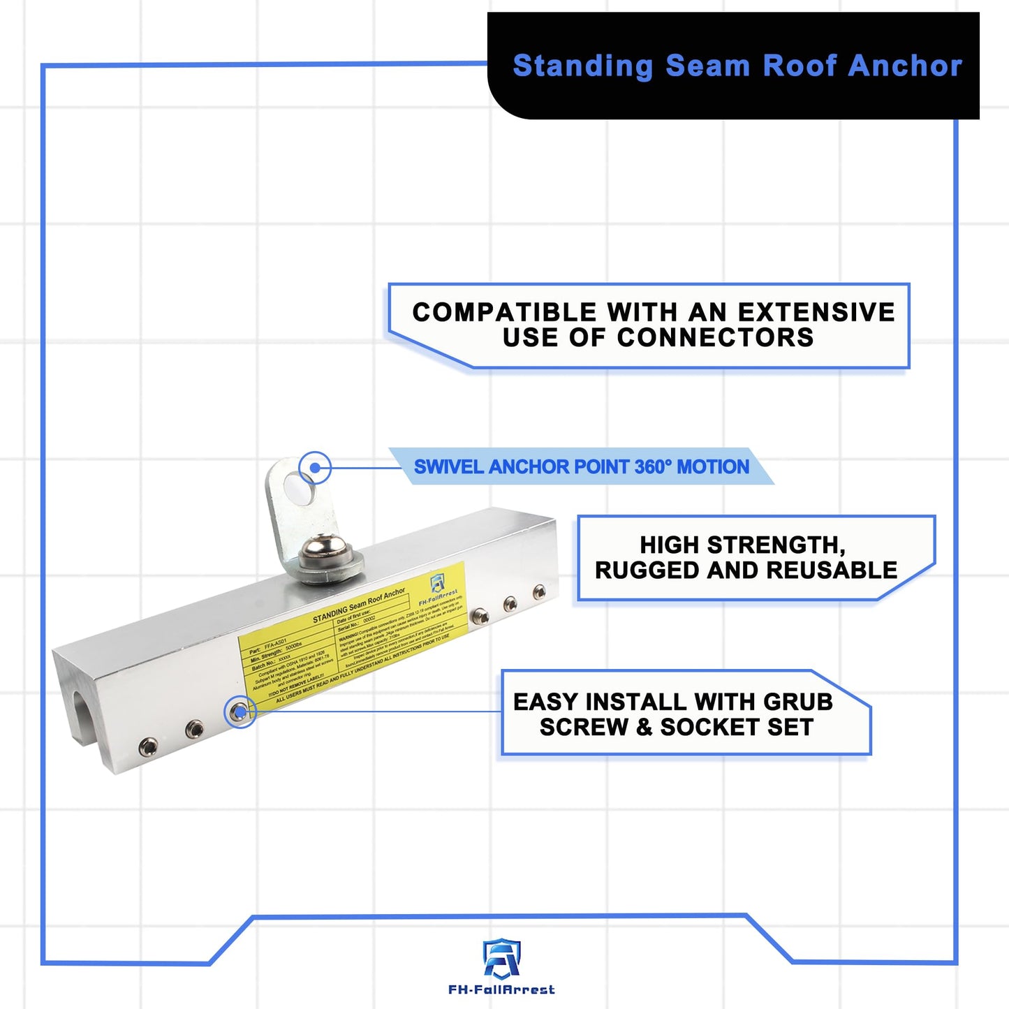 FHFallArrest Fall Protection Standing Seam Roof Anchor Clamp with 360° Swivel Point | Fall Arrest Roofing Harness Safety Kit | Aluminum Alloy Anchor | OSHA/ANSI Compliant | Bolts and washers included