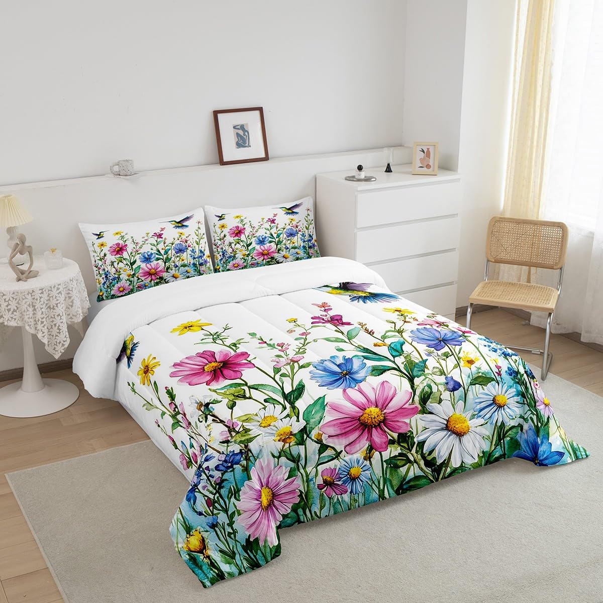 Feelyou Flower Bedding Set Twin Size Hummingbird Comforter Set for Kids Boys Girls Tropical Birds Comforter Hummingbird Flowers Duvet Set White