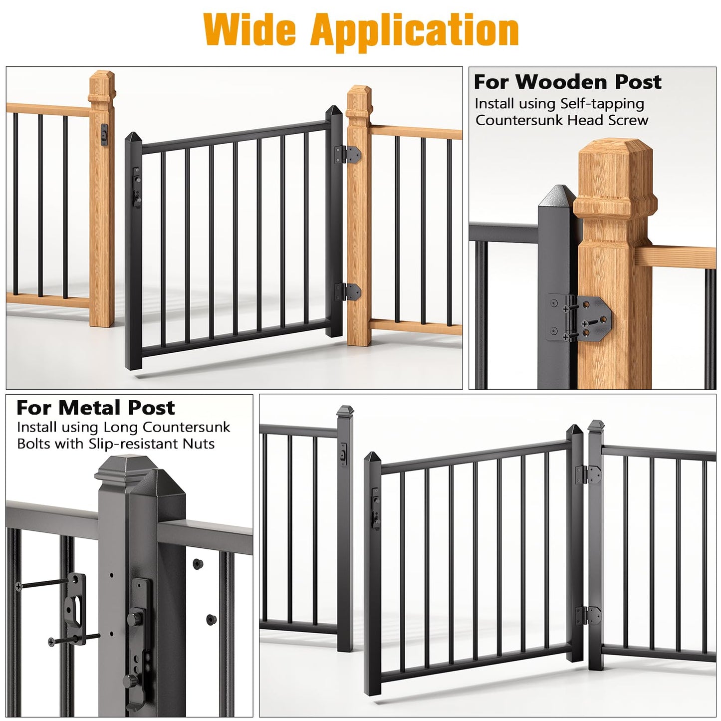 Deck Fence Gate Integrated Welding Stainless Steel Black Textured Powder-Coat Finish 36.2″Wx 36.7″H Outdoor Deck Gate with Latch for Deck, Garden, Yard, Porch, Patio (Left Hand in Swing)