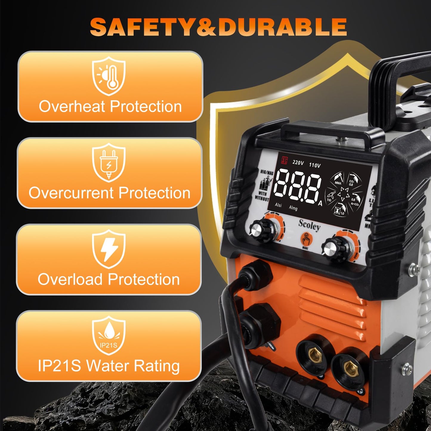 Scoley 5-in-1 MIG Welder 110V/220V, 180A Aluminum Welder/Gas MIG/Flux Core Welder/Lift TIG/Stick Welding Machine with IGBT Inverter Synergic Control, Large Digital Display, Welding Gloves & Mask