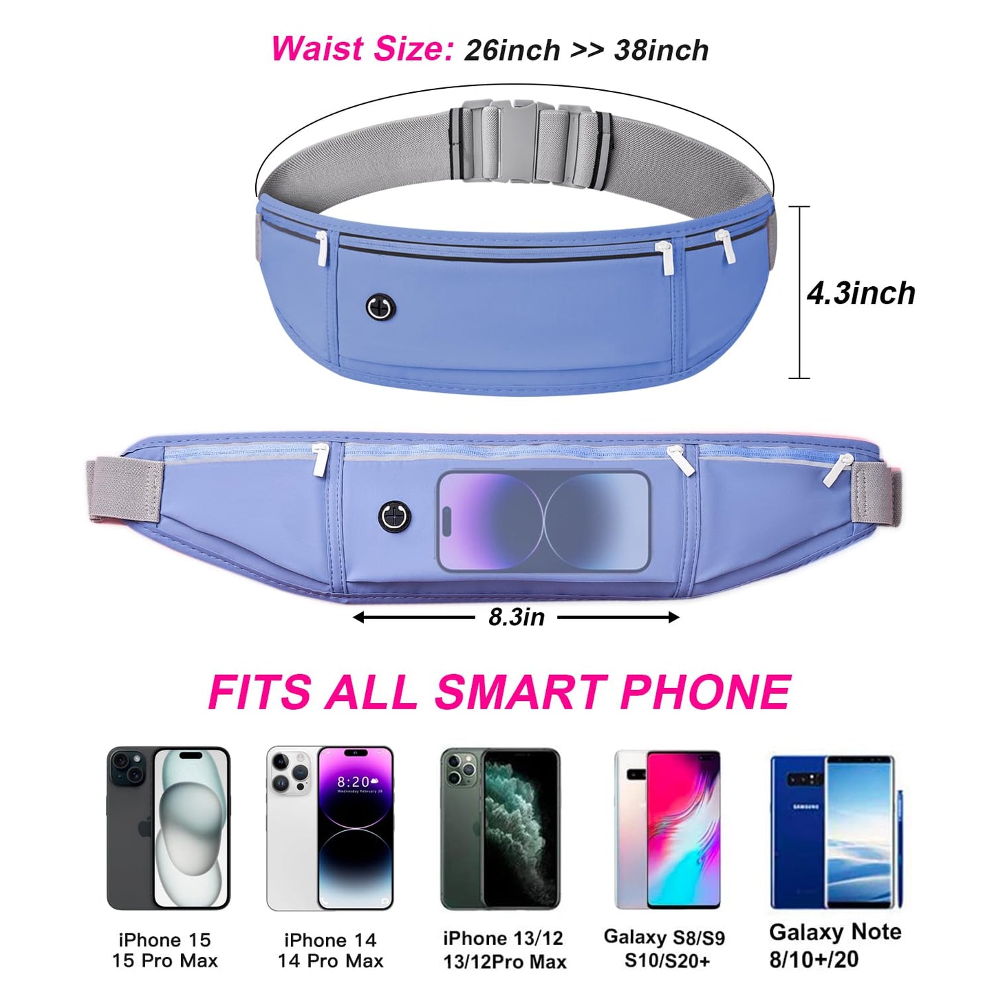 JUCURRI Slim Running Belt for Women Men,Runners Fanny Pack Phone Holder,Money Belt,Running Gear Accessories,with 3 Pockets.(Blue)